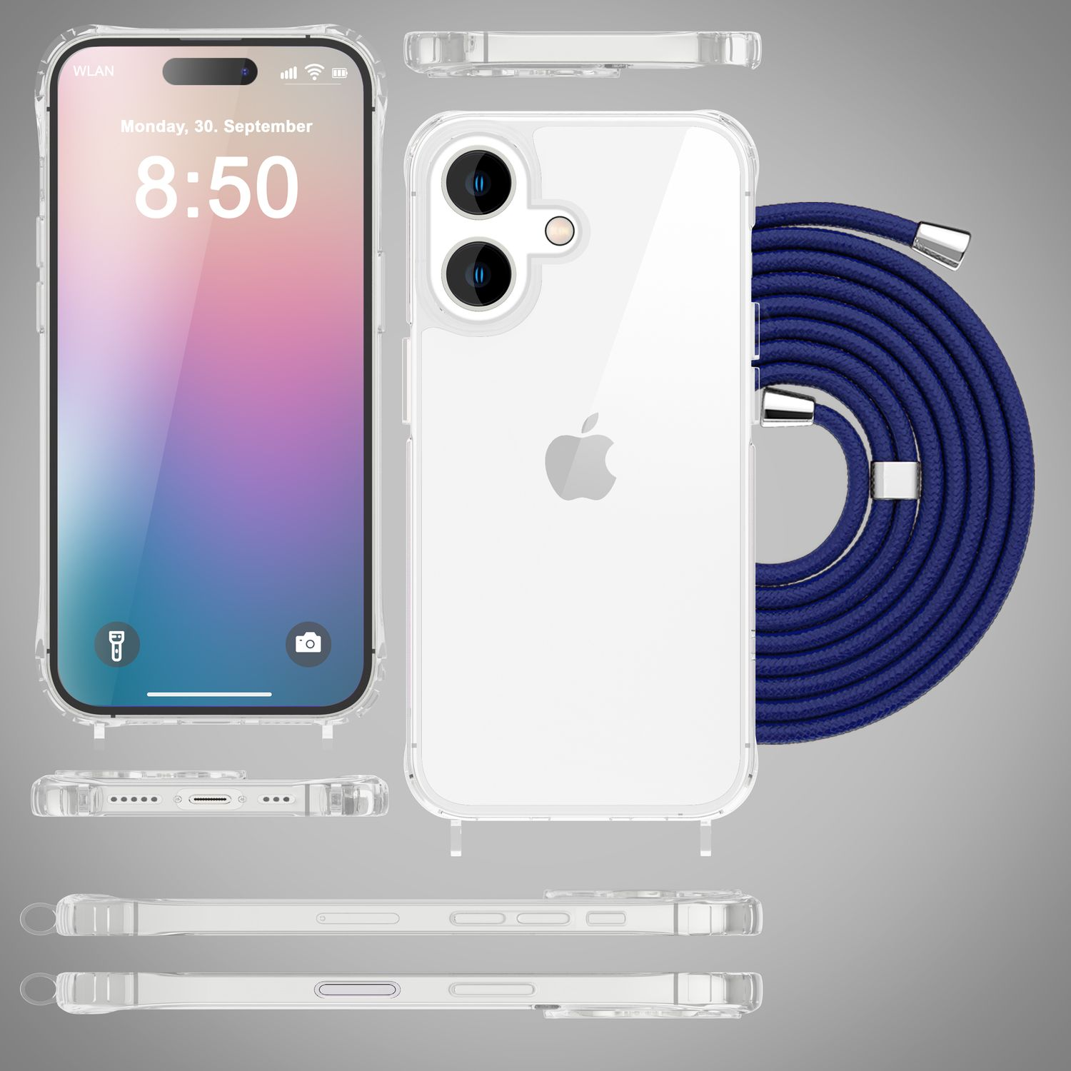 Custodia trasparente con telefono, cordino blu. Diverse angolazioni. Il telefono mostra la data.