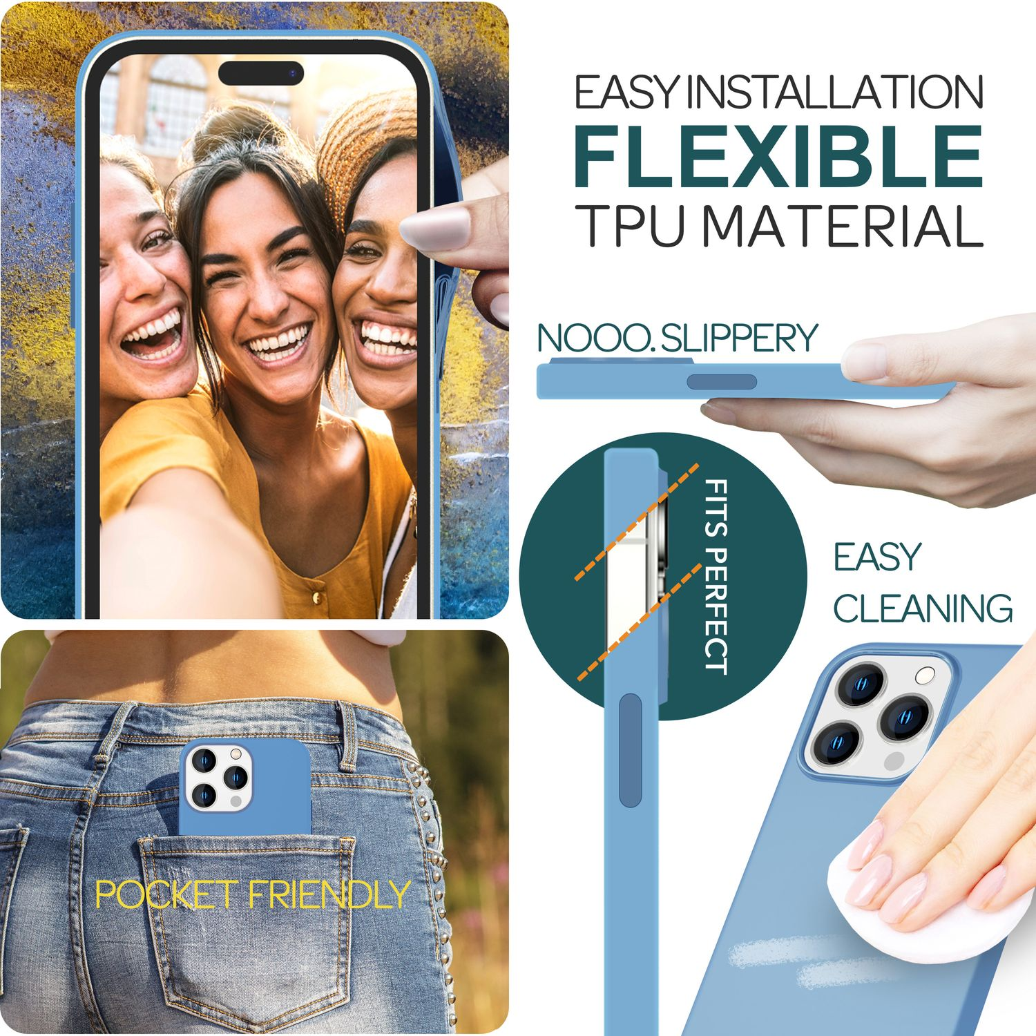 Blaue Handyhülle mit Telefon und Text. Produktdetails und Funktionen werden gezeigt.