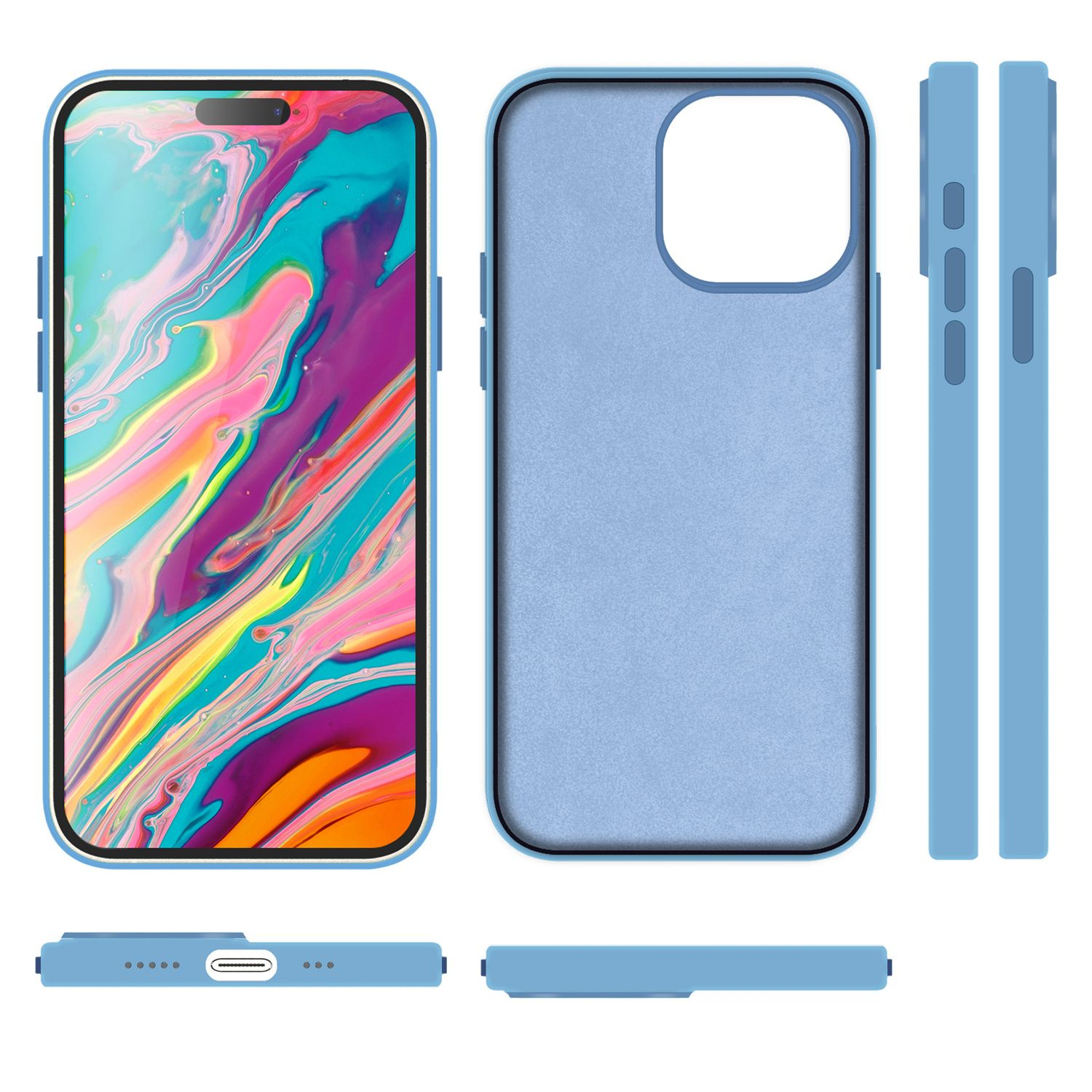 Mehrere Ansichten einer blauen Handyhülle. Das Telefon ist nicht in der Hülle zu sehen.