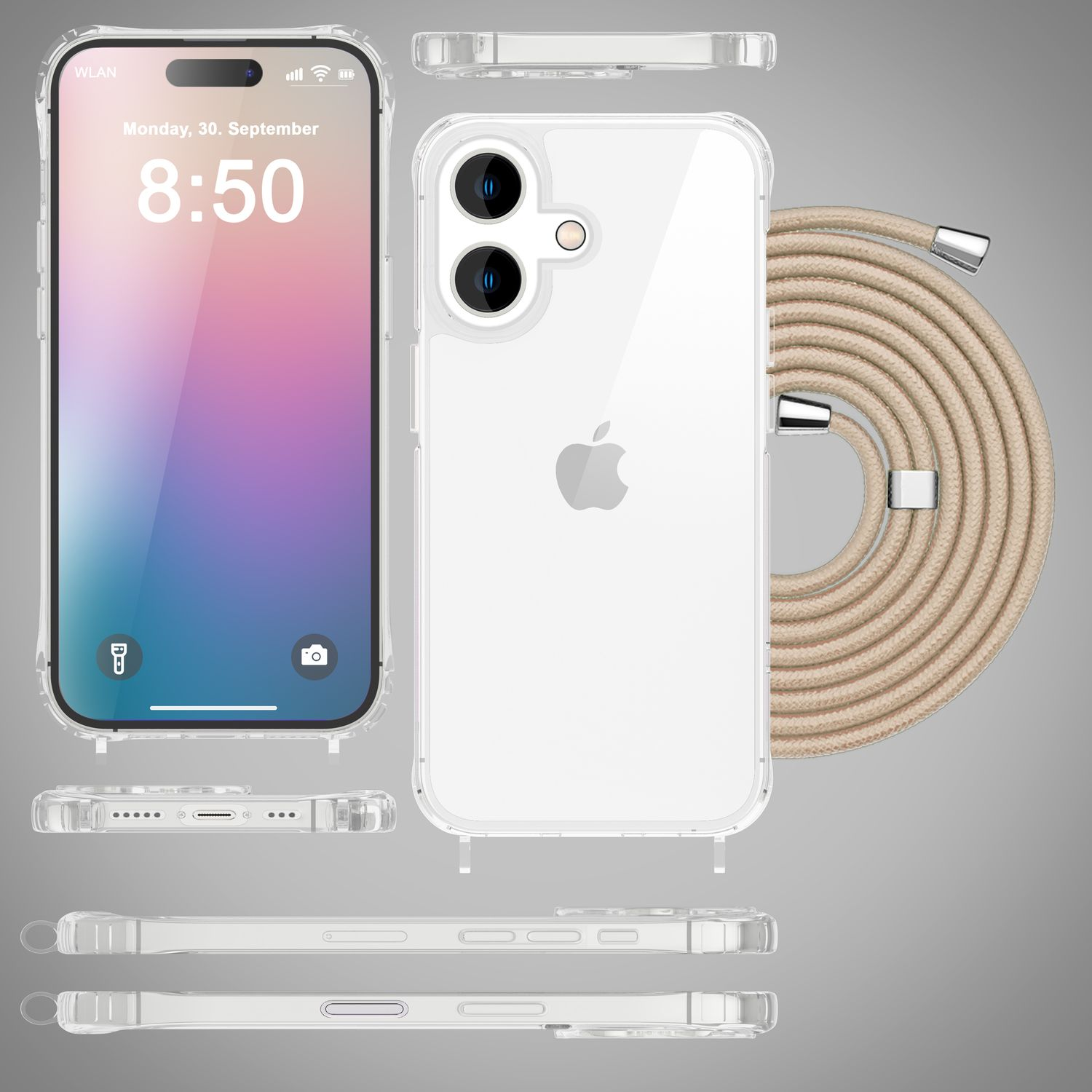 Multiple viste di un telefono in una custodia trasparente con un cordino beige.