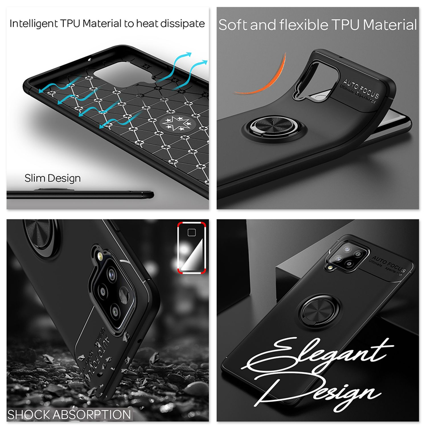 Mehrere Bilder zeigen eine schwarze Handyhülle mit verschiedenen Merkmalen. Text: Stoßdämpfung, elegantes Design.