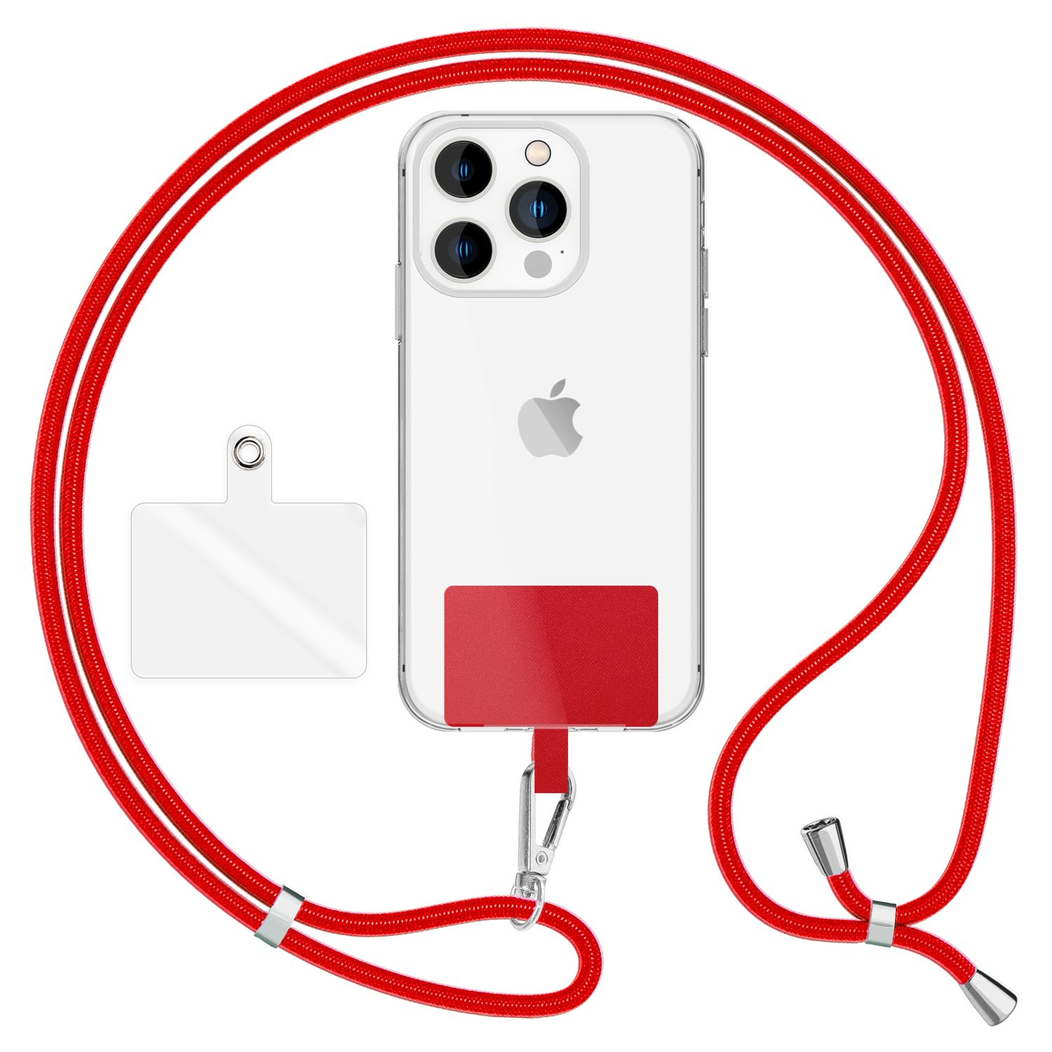 Funda transparente con cordón rojo y etiqueta cuadrada blanca. El teléfono tiene una pegatina roja trasera.