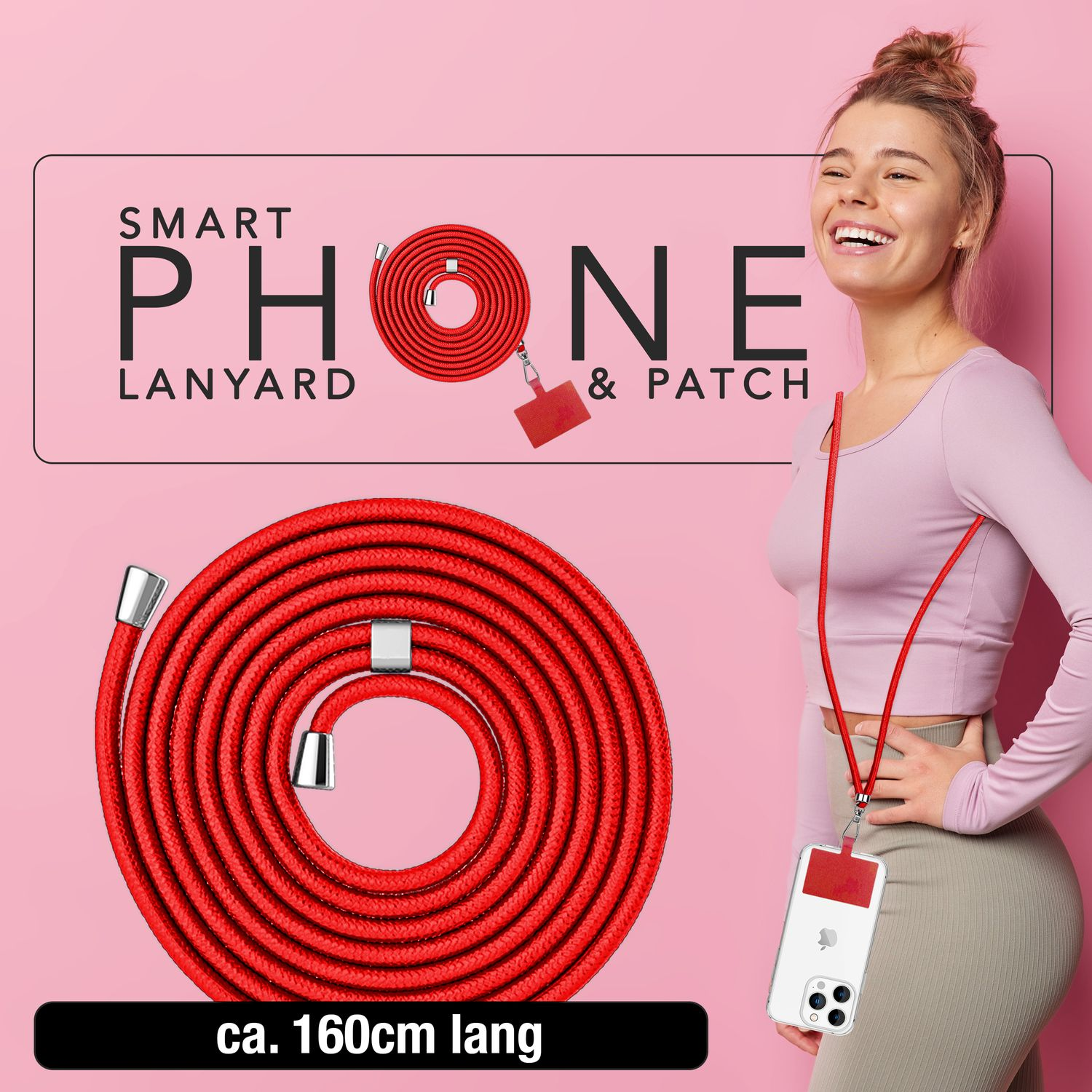 Mujer con cordón rojo para teléfono. Funda y cordón. Texto: 'SMARTPHONE LANYARD & PATCH' y 'ca. 160cm lang'.