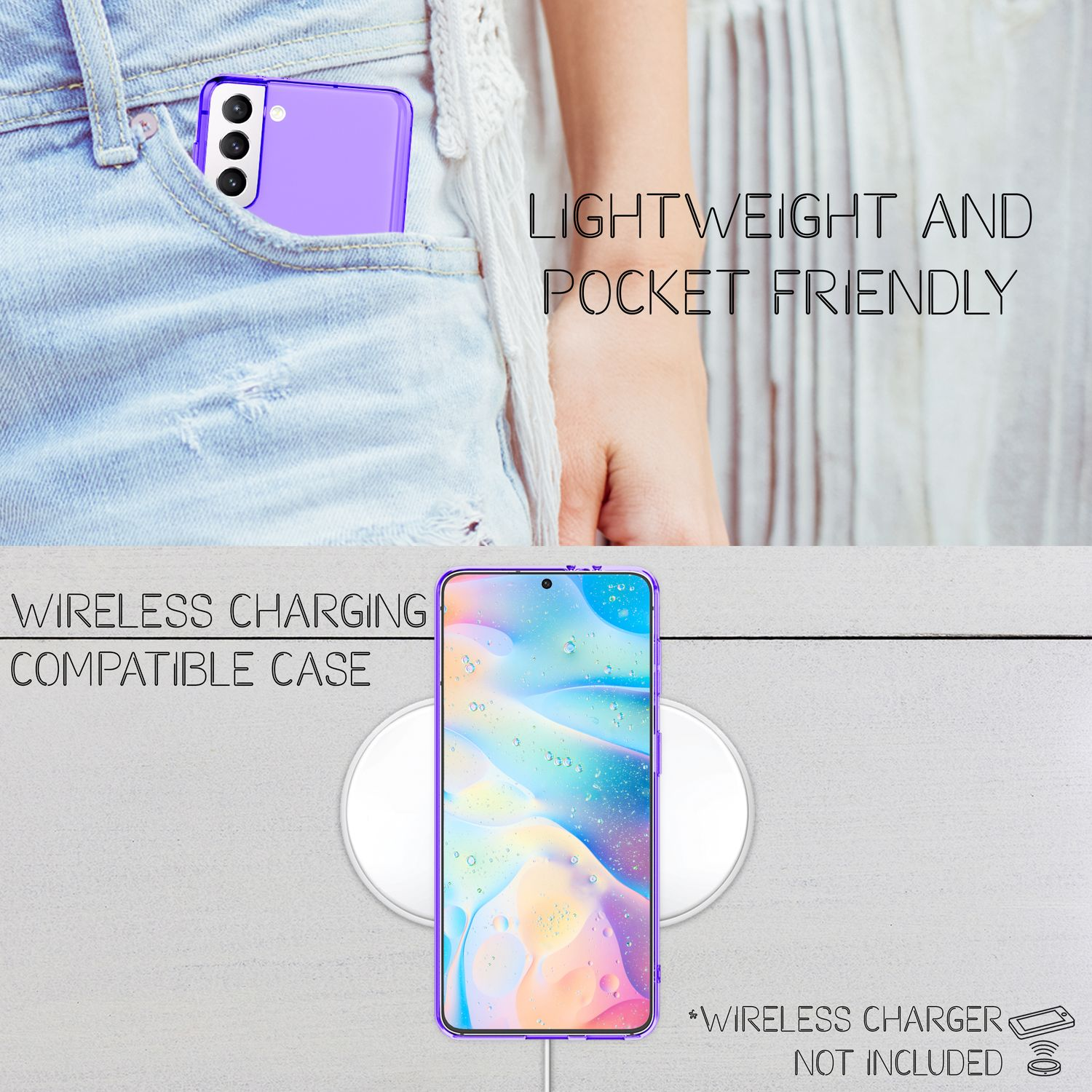 Frau mit Telefon in lila Hülle in der Tasche. Wireless-Charging-kompatible Hülle. Leicht und taschenfreundlich.