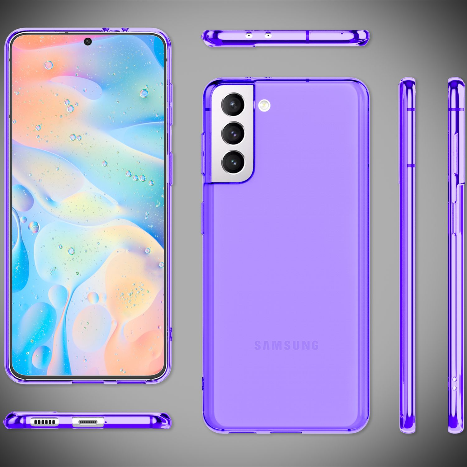 Lila Handyhülle und Telefon. Mehrere Ansichten: vorne, hinten und Seiten. Lila Hintergrund.