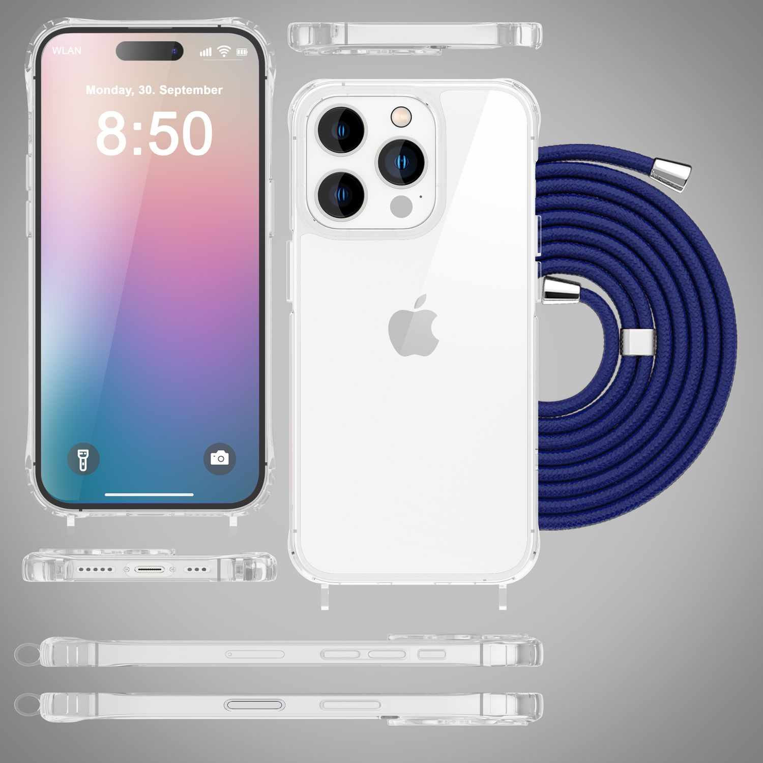 Custodia per telefono con cordino blu. Il telefono mostra l'ora. Viste multiple della custodia del telefono.