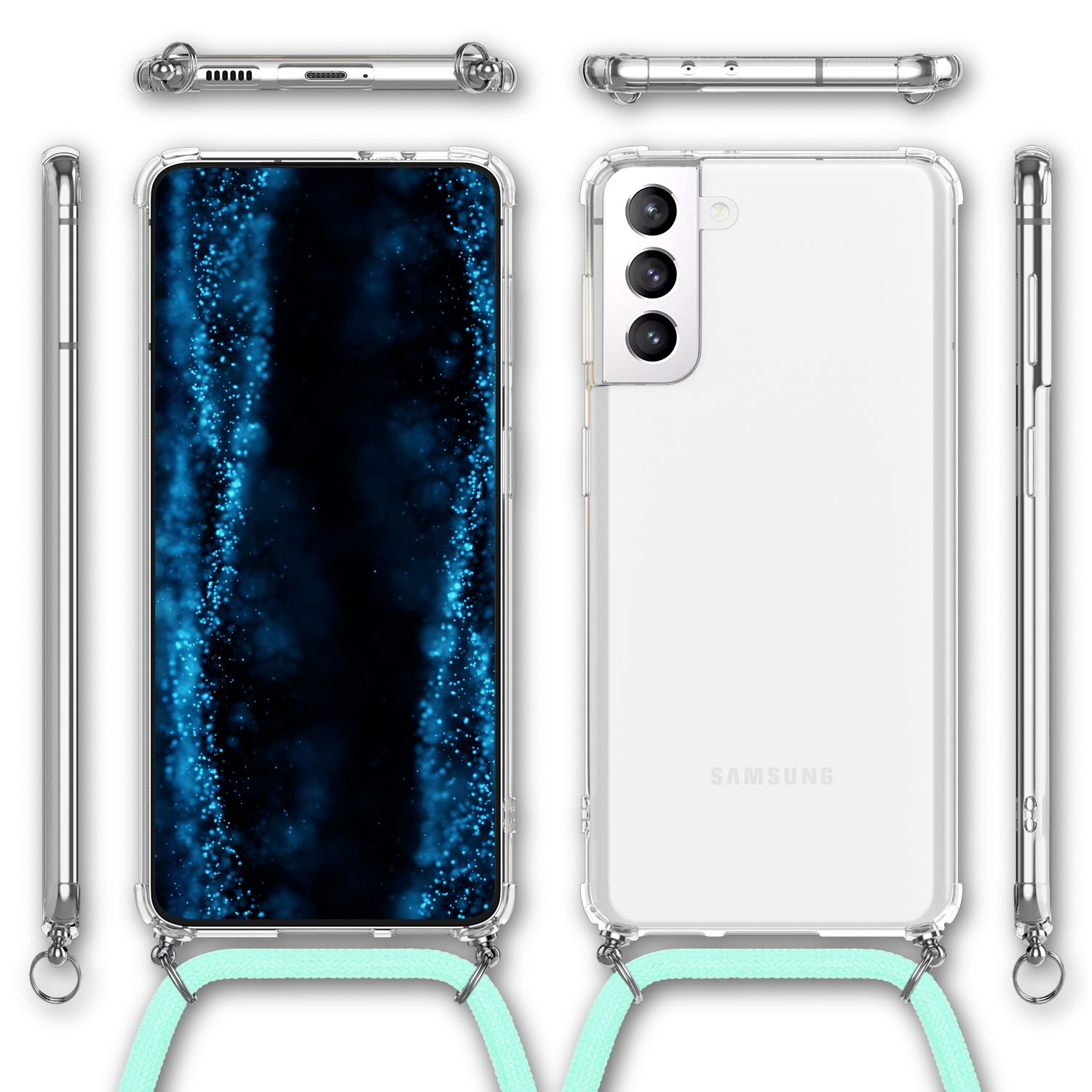 Una custodia per telefono con cinturino è mostrata da più angolazioni. Il telefono ha uno sfondo blu.