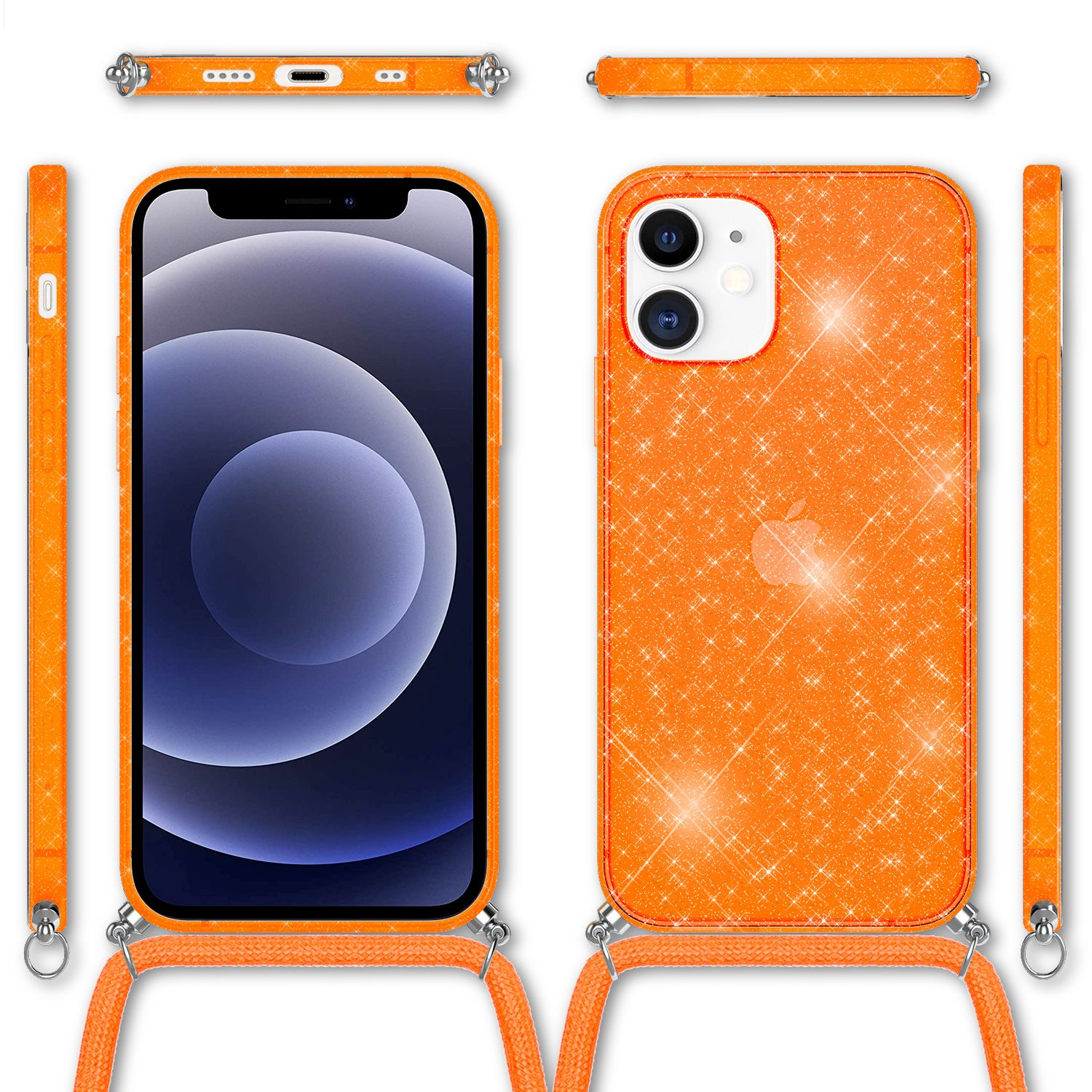 Orangene Handyhülle mit Riemen. Mehrere Winkel gezeigt. Glitzernde Oberfläche mit Apple-Logo auf der Rückseite.