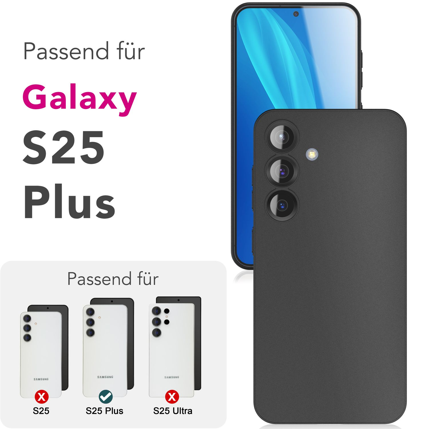 Schwarze Handyhülle neben drei Telefonen, die die Kompatibilität für Galaxy S25 Plus zeigen. Text vorhanden.