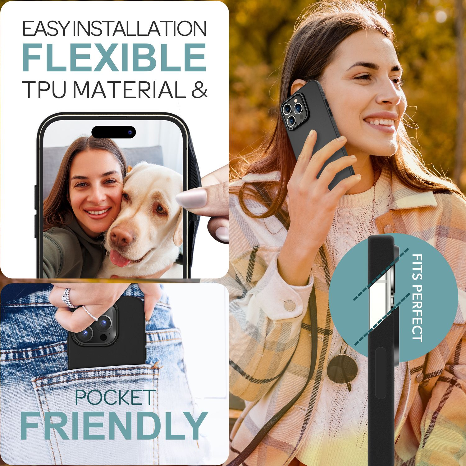 Frau hält ein Telefon mit schwarzer Hülle. Bild von Frau und Hund im Telefon. Text: Einfache Installation und taschenfreundlich.