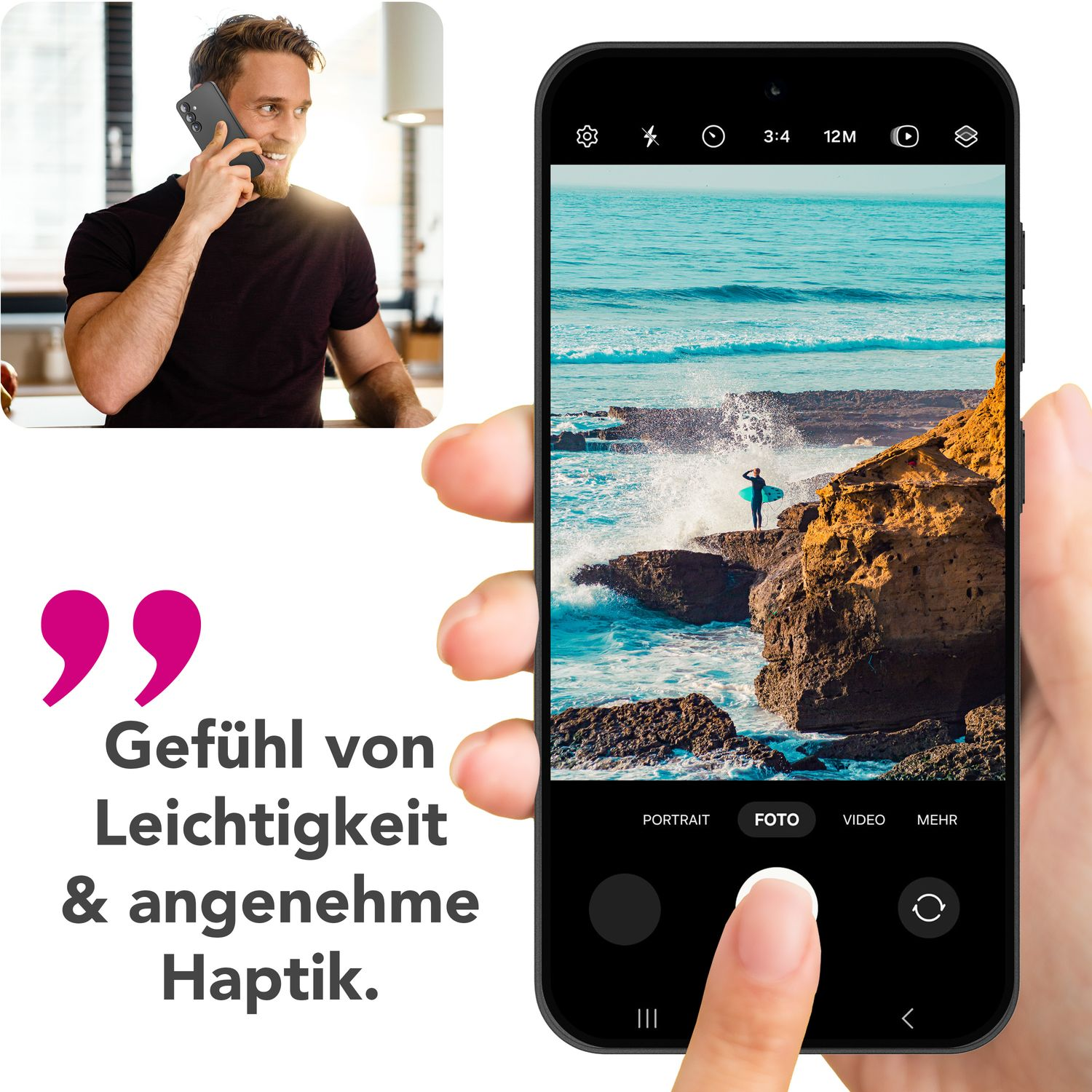 Mann am Telefon, Telefon zeigt Surfer, Wellen. Text: 'Gefühl von Leichtigkeit & angenehmer Haptik'.