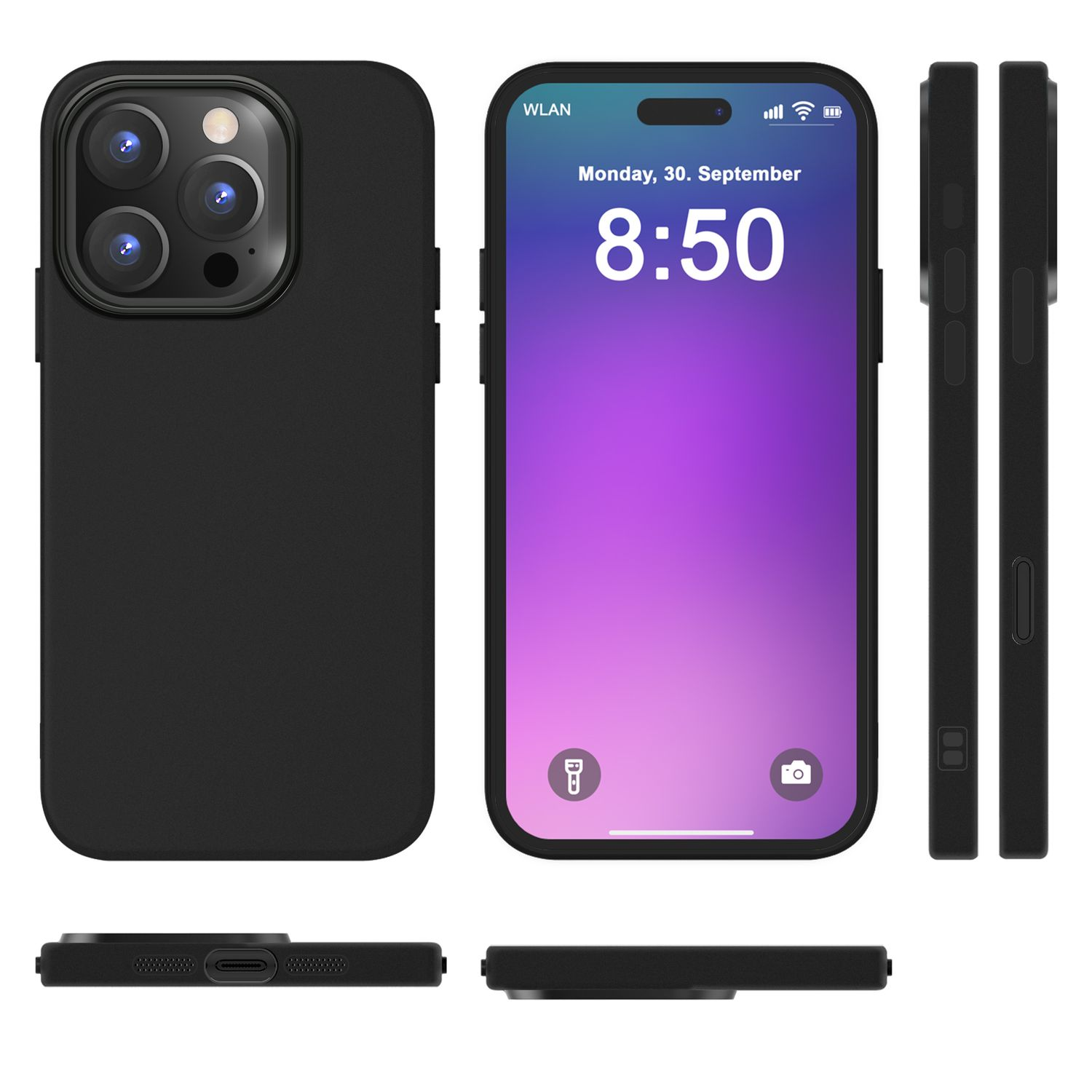 Schwarze Handyhülle mit einem Telefon, das Uhrzeit und Datum anzeigt, verschiedene Seitenansichten der Hülle sind gezeigt.