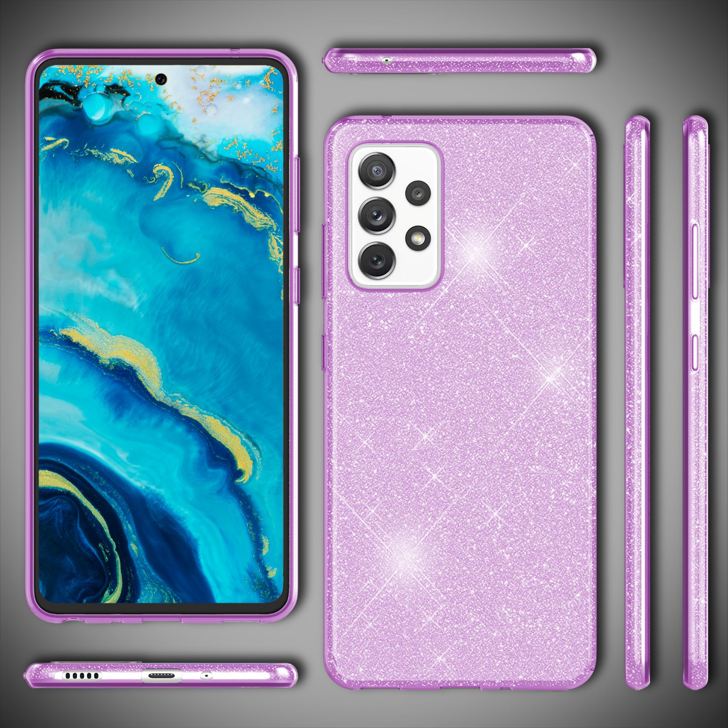 Custodia viola glitterata per telefono. Vengono mostrate più angolazioni. Telefono con schermo blu. Custodia lucida.
