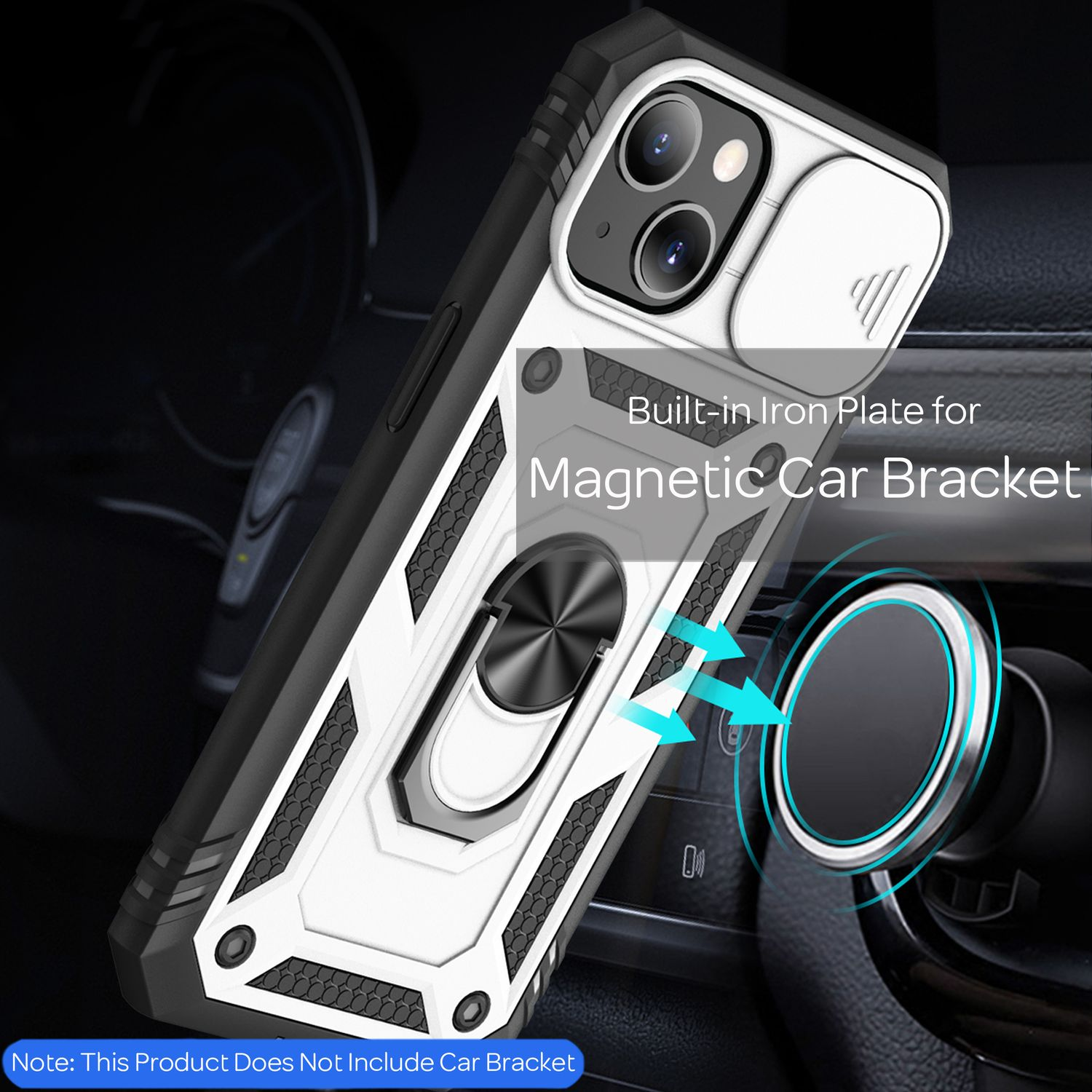 Custodia per telefono in bianco e nero. Piastra di ferro integrata, supporto magnetico per auto. Frecce che indicano l'attrazione magnetica.