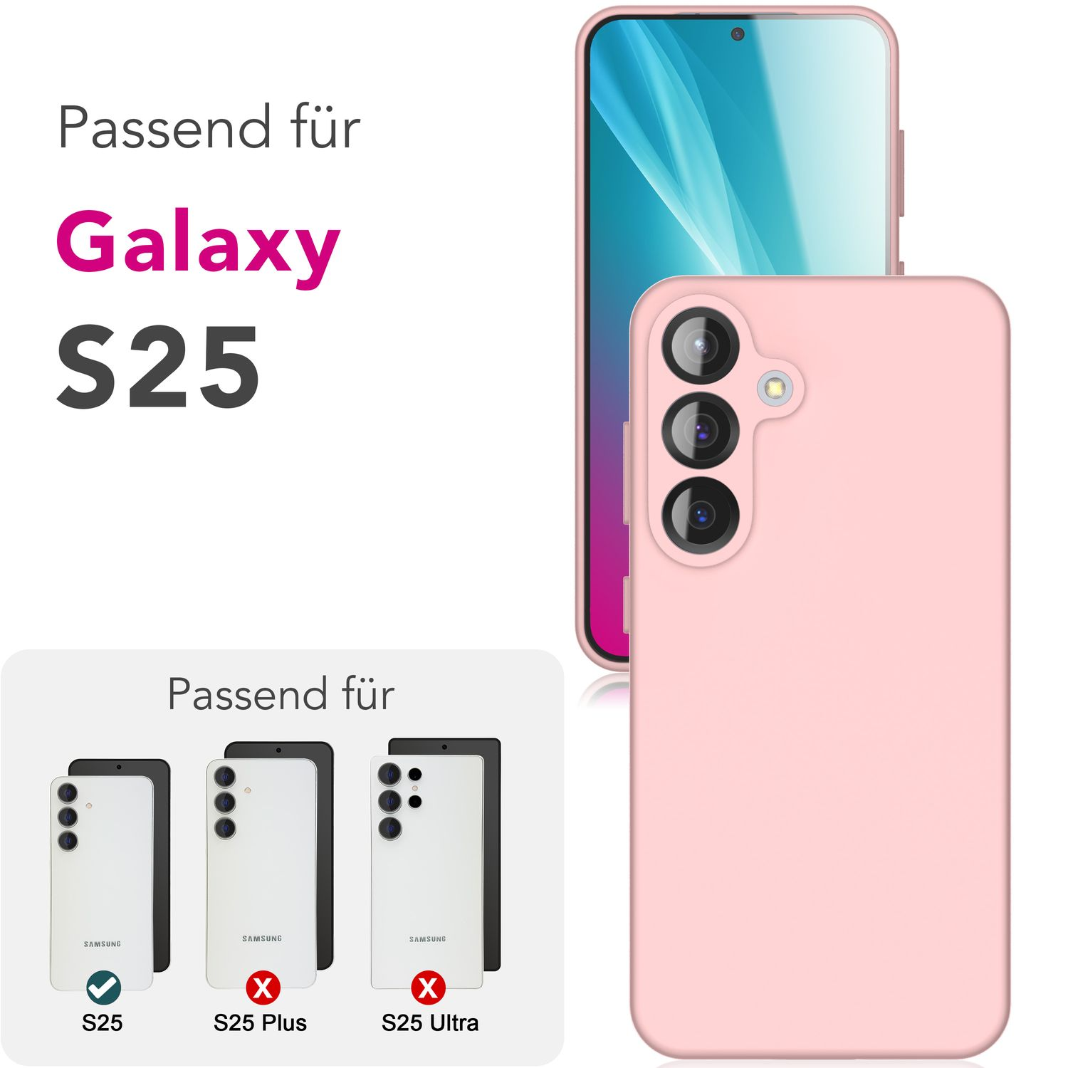 Rosa Handyhülle, Galaxy S25. Bilder zeigen S25-Modelle. Weißer Hintergrund.