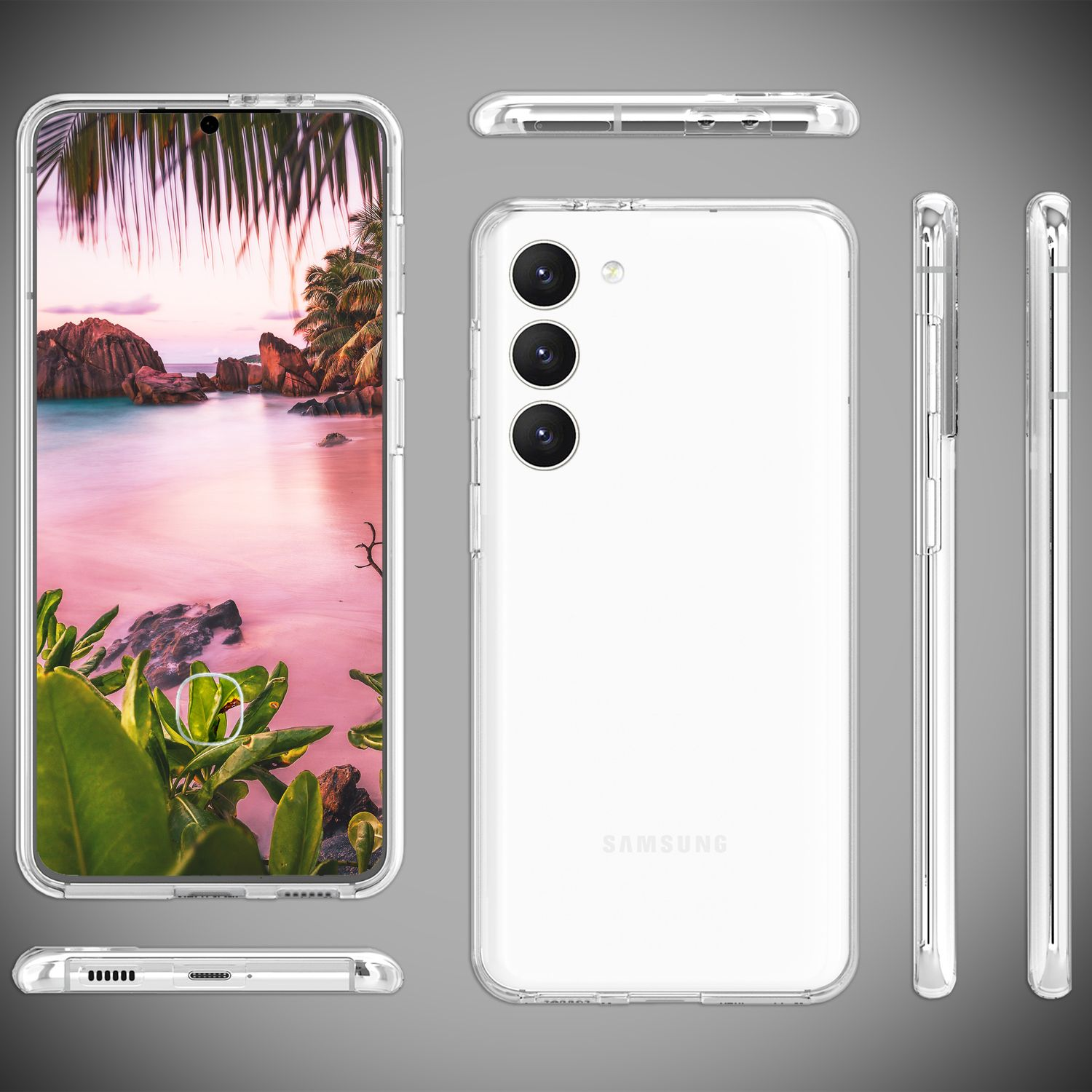 Handyhülle, transparent, verschiedene Winkel. Telefon innen, Strandszene auf dem Bildschirm. Weißer Hintergrund.