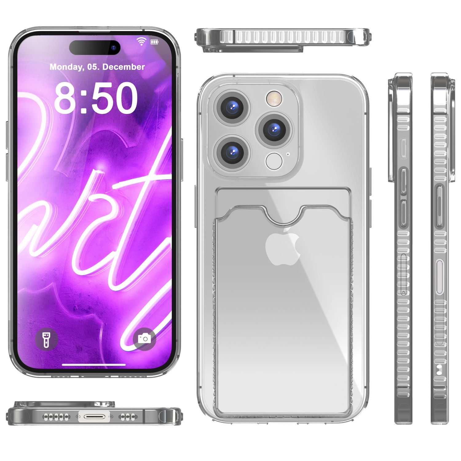 Eine transparente Handyhülle mit Apple-Logo und ein Telefon, das Datum und Uhrzeit anzeigt.