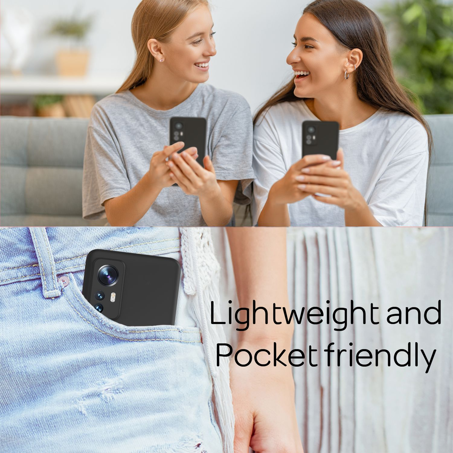 Zwei Frauen mit Handys, lächelnd. Unten ein Handy in einer Jeanstasche.