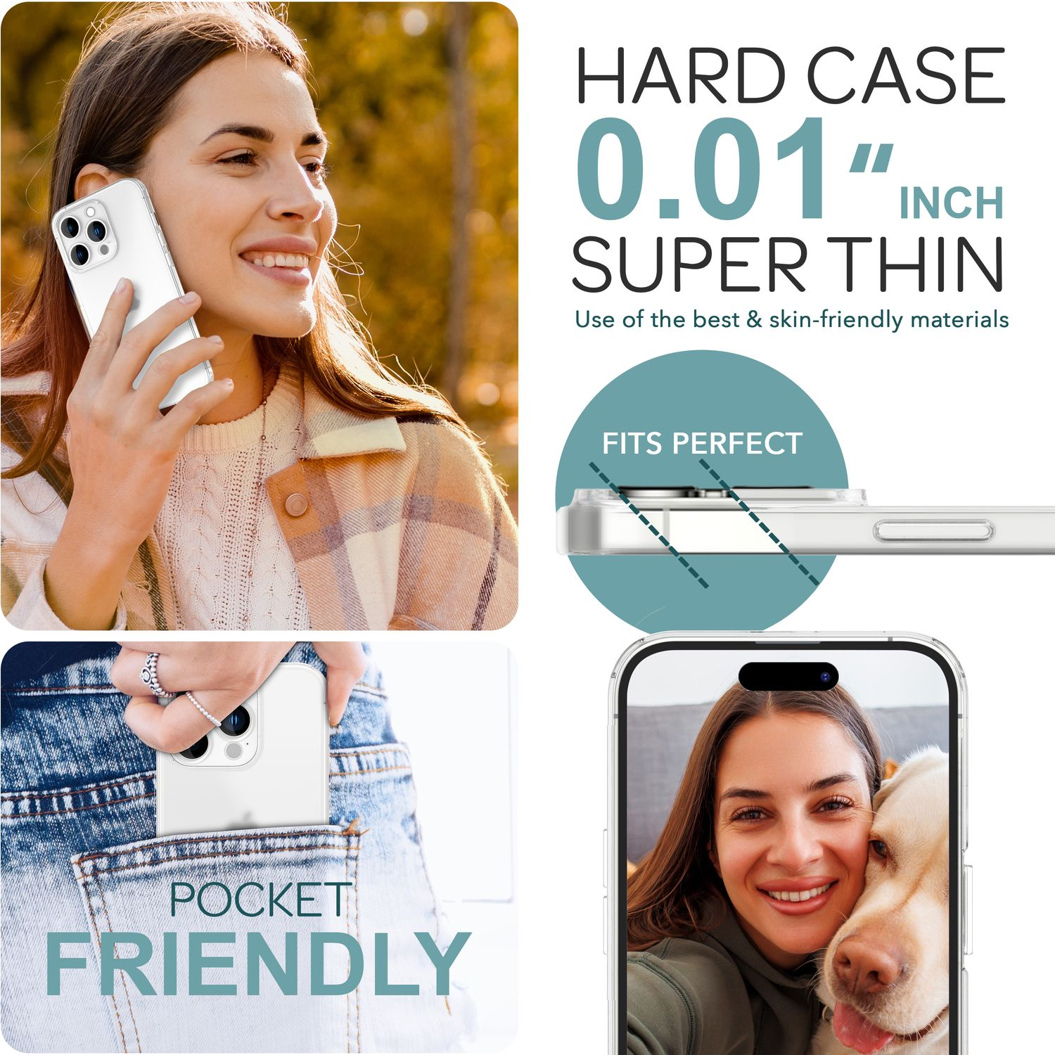 Eine Frau hält eine Handyhülle, eine andere in der Tasche. Text: Hartschale, superdünn. Passt perfekt, taschenfreundlich.