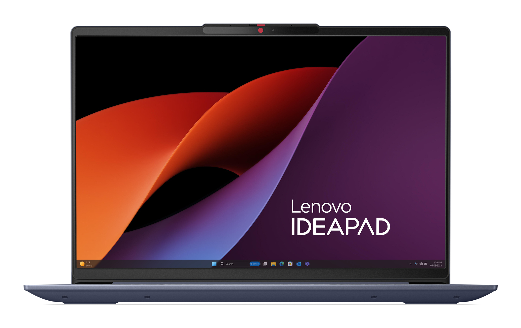 Laptop z kolorowym ekranem wyświetlającym abstrakcyjny wzór. Widoczne logo Lenovo Ideapad.