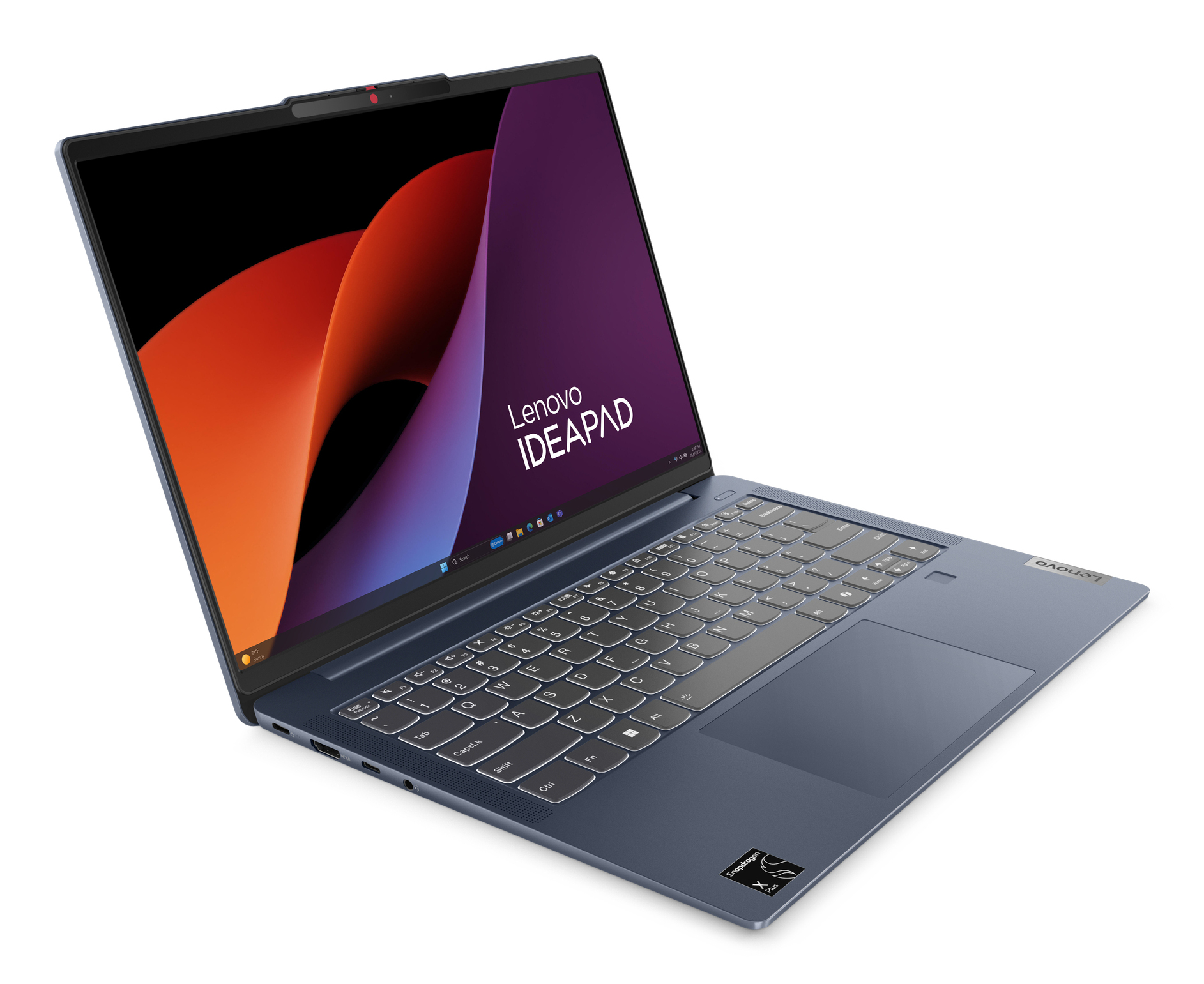 Laptop z kolorowym ekranem wyświetlającym abstrakcyjny wzór. Widoczne logo Lenovo Ideapad.