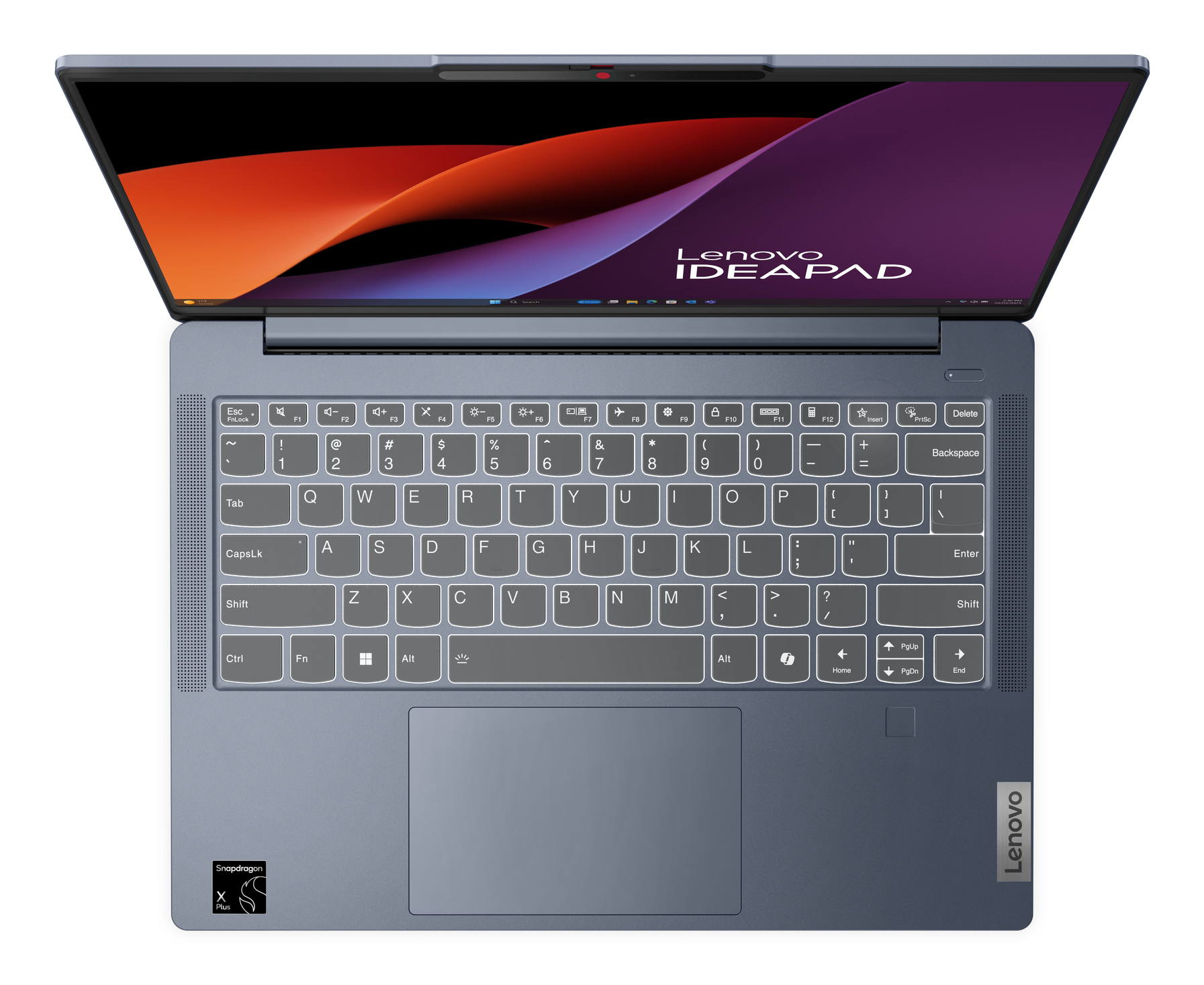 Laptop, widok z góry, z kolorowym ekranem i klawiaturą. Widoczne logo Lenovo Ideapad.