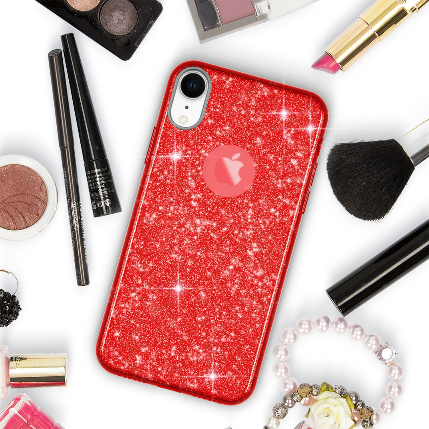 Rote Glitzer-Handyhülle mit rotem Apfel-Logo, umgeben von Make-up.