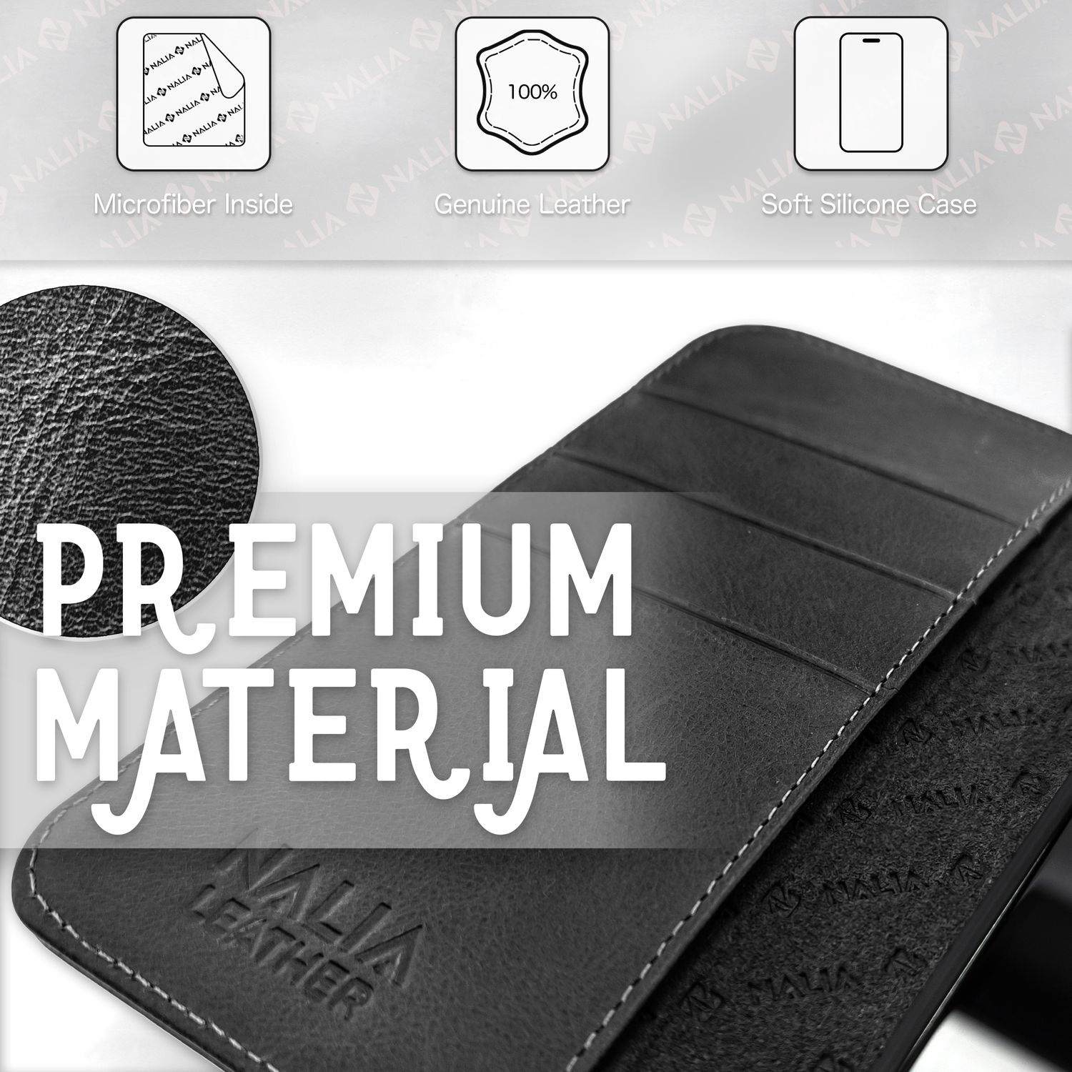 Schwarze Handyhülle mit 'Premium Material'-Text und Symbolen, mit Nahaufnahme der Textur.