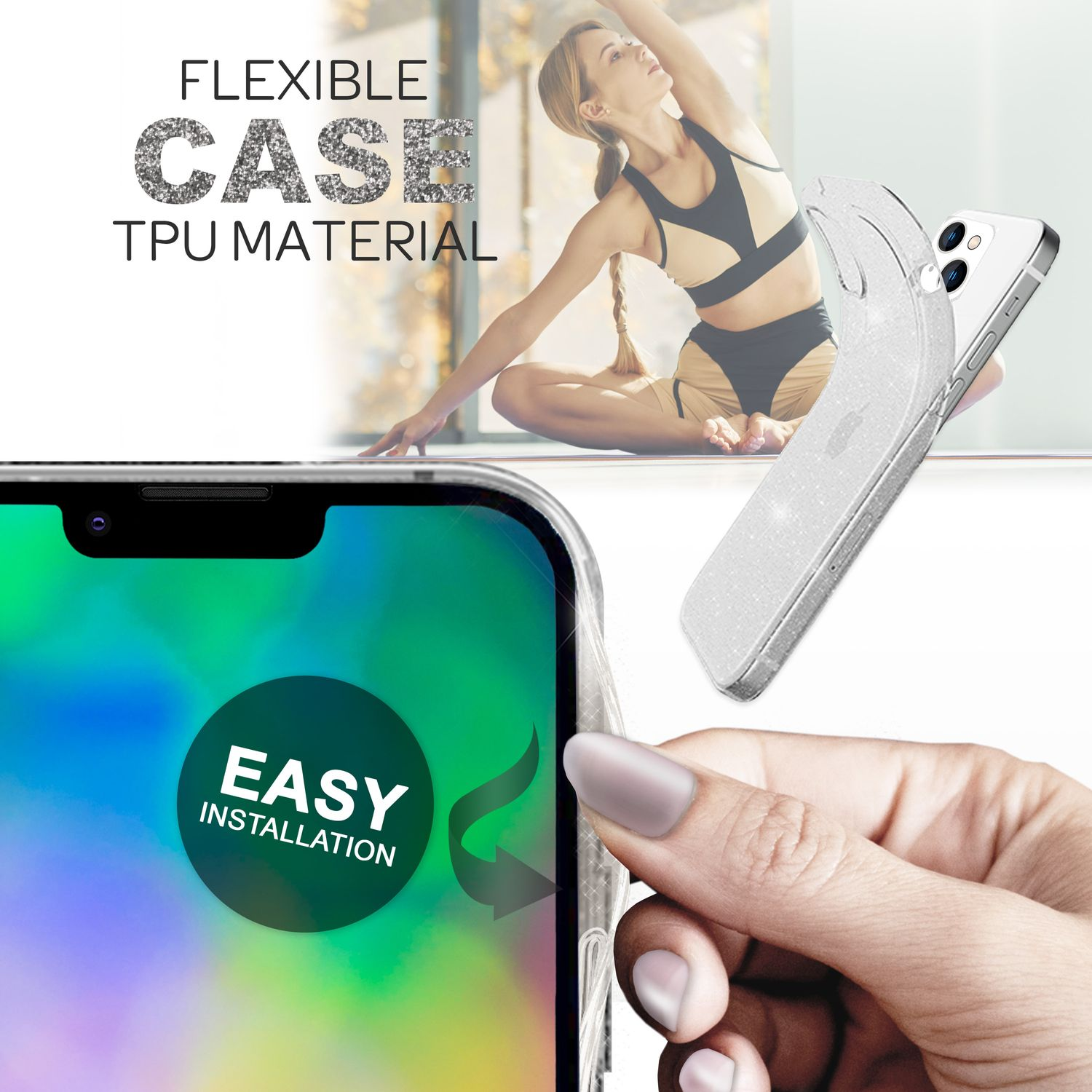 Funda transparente para teléfono que se instala. Mano de mujer sosteniendo la funda, persona haciendo ejercicio al fondo.