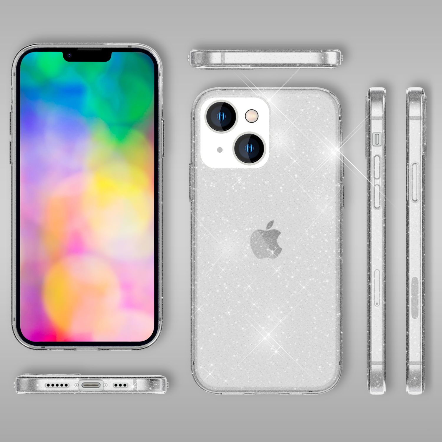 Funda de teléfono plateada brillante con un logotipo de Apple. La pantalla del teléfono tiene un diseño abstracto y colorido.