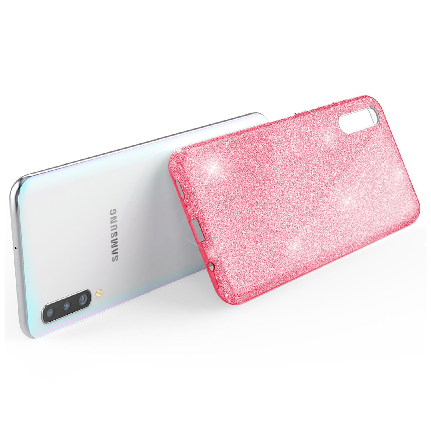 Custodia per telefono rosa glitterata sopra un telefono bianco con tre fotocamere.