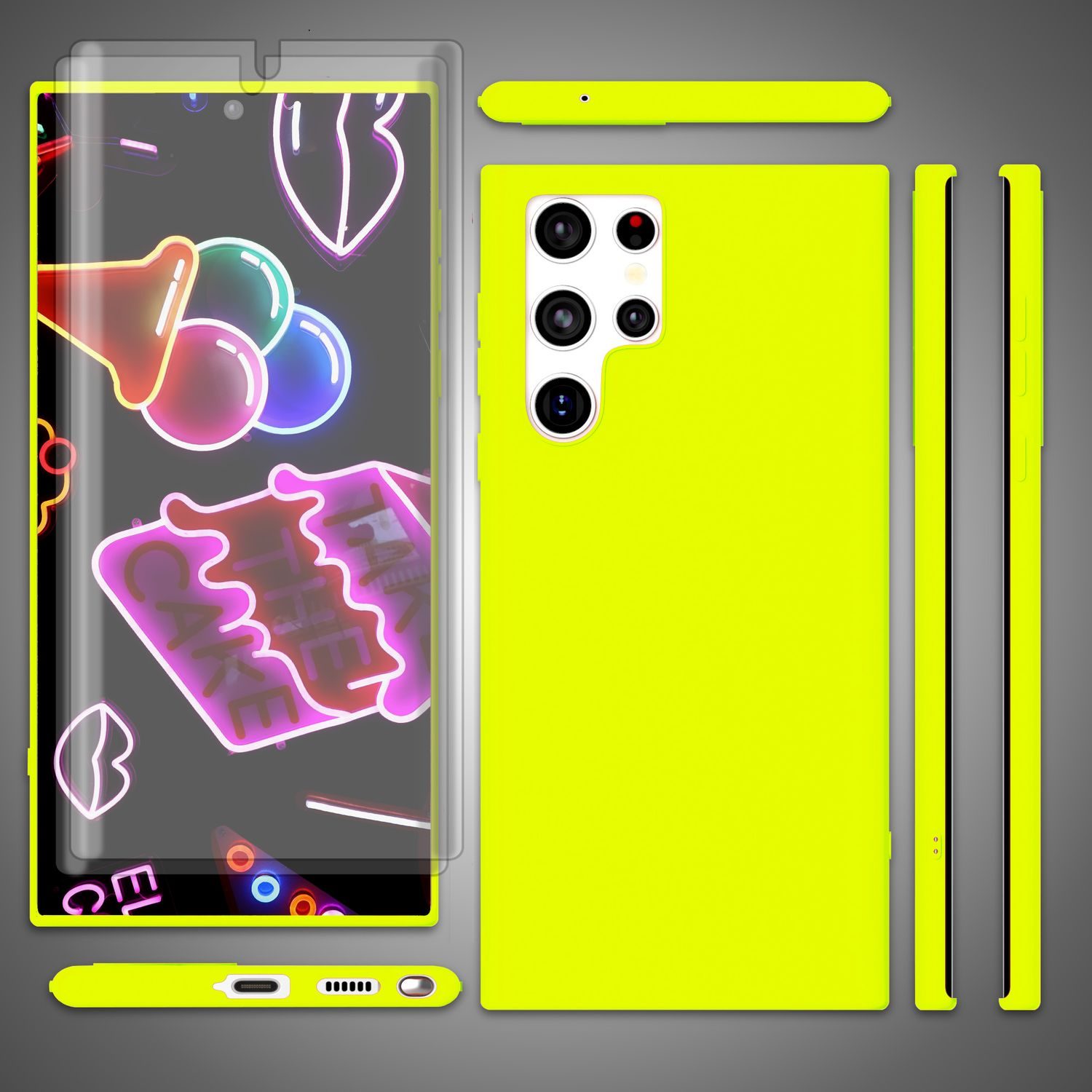 Neongelbe Handyhülle, Displayschutzfolie, Telefon und Zubehör. Kuchen, Eiscreme und Herzformen sind Neon.