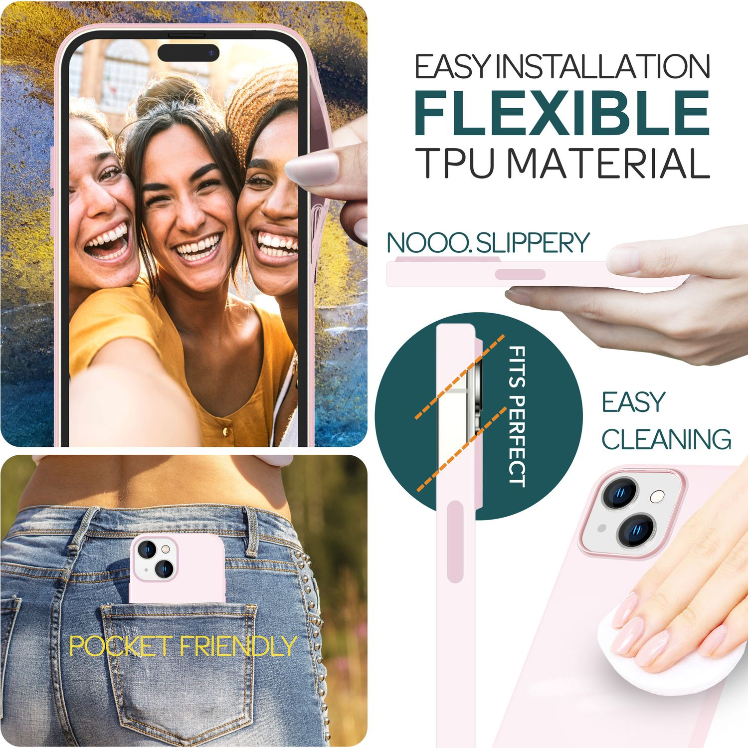 Drei Frauen mit Handyhülle. Text: einfache Installation, flexibles TPU-Material, kein Rutschen, perfekte Passform, einfache Reinigung, taschenfreundlich.