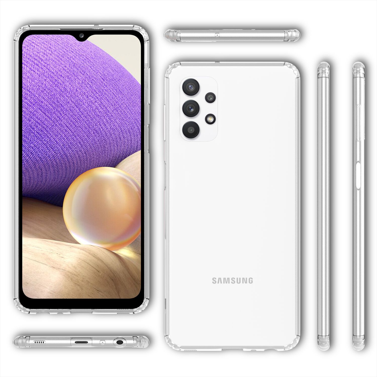Mehrere Ansichten einer transparenten Handyhülle über einem weißen Smartphone.