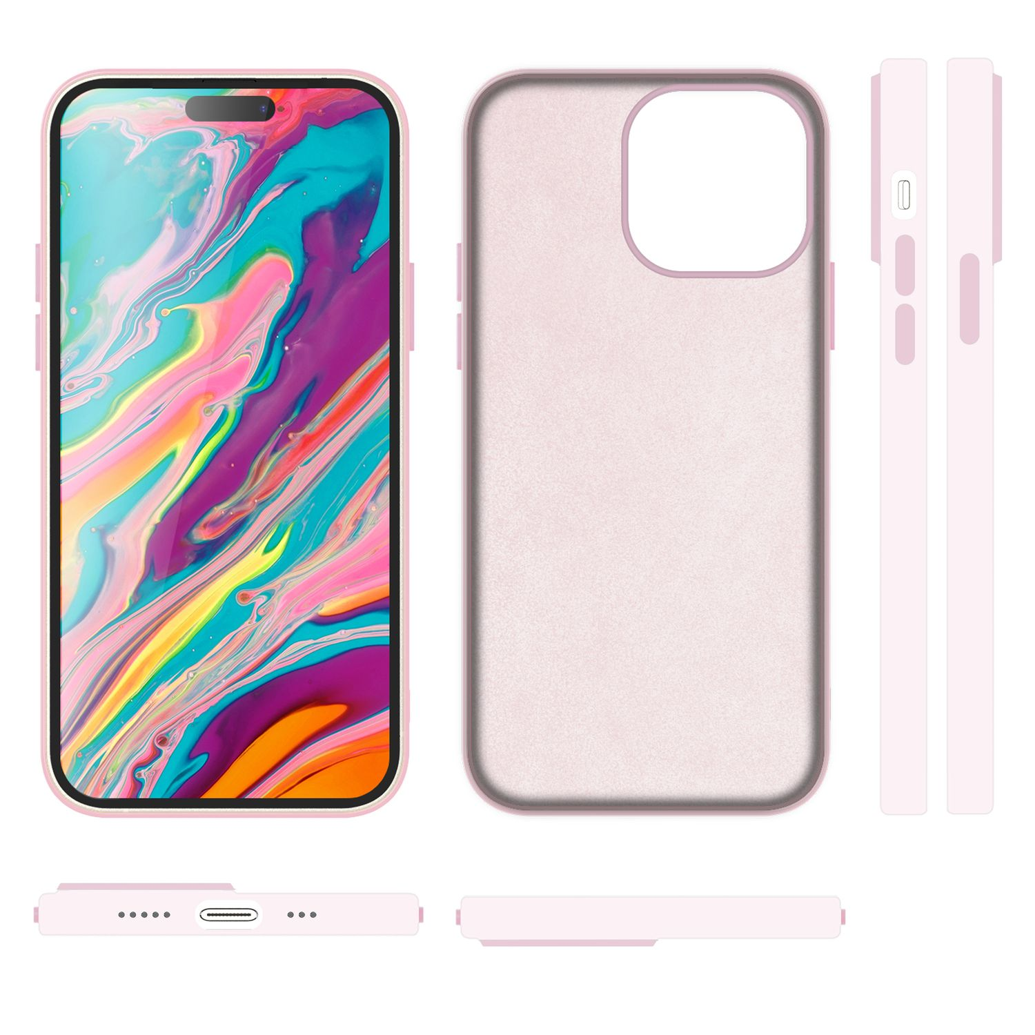Rosa Handyhülle mit einem Telefon mit buntem Hintergrund.