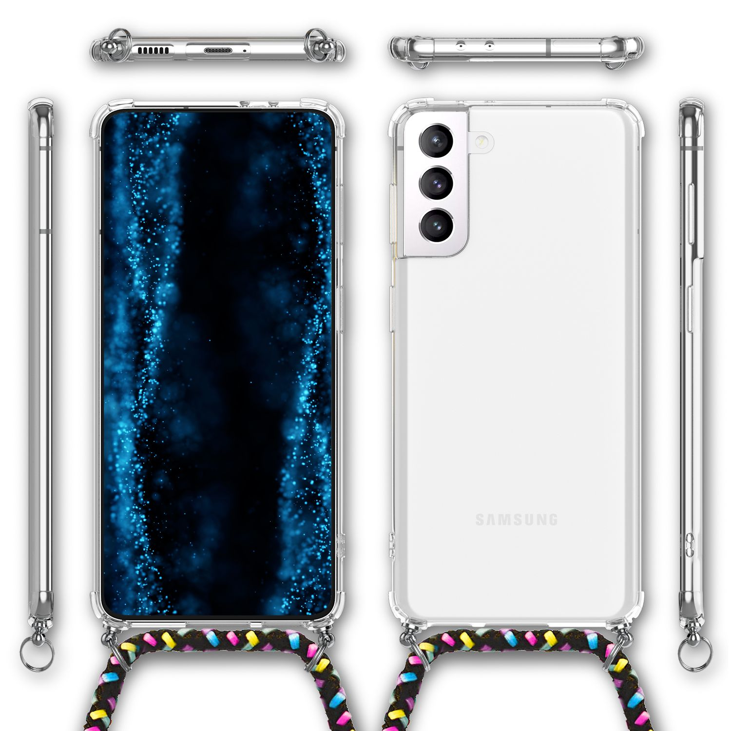 Uno smartphone in una custodia trasparente con un cordino, che mostra il telefono da diverse angolazioni.