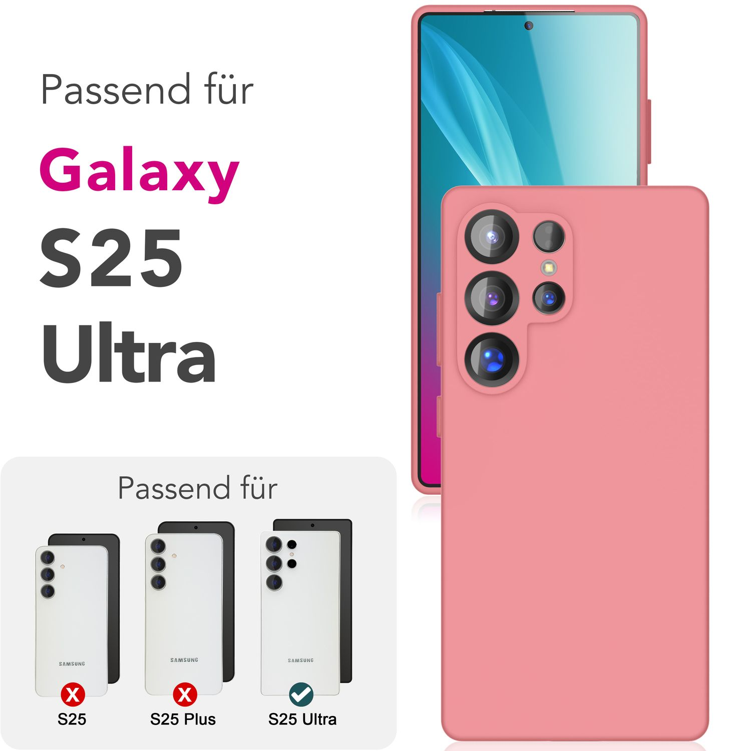 Rosa Handyhülle mit Telefon darin neben anderen Telefonmodellen mit roten X-Markierungen. Text: Galaxy S25 Ultra.