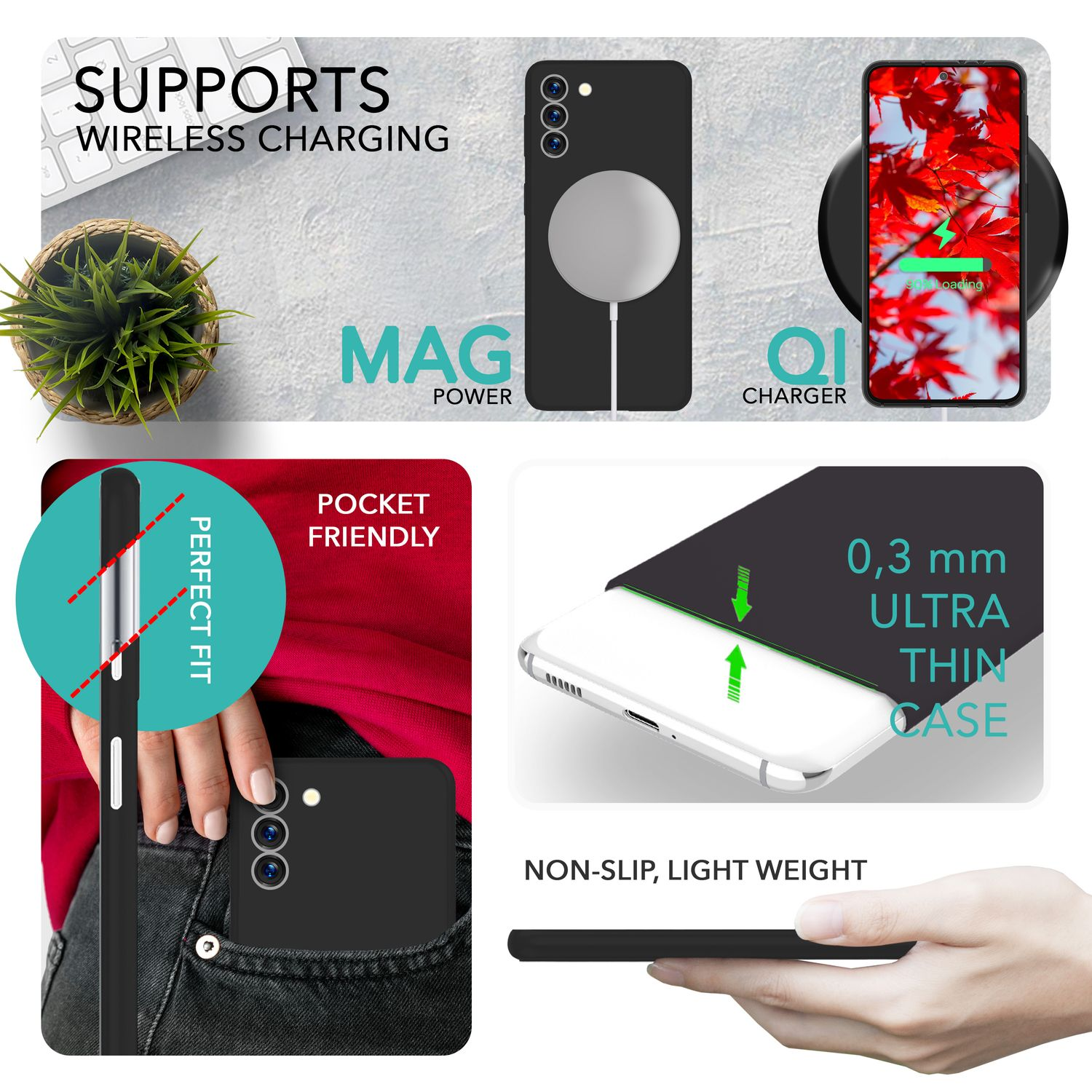 Schwarze Handyhülle mit MagSafe-Funktion und Qi-Ladegerät, ein Telefon in der Tasche. Text: Ultradünne Hülle.