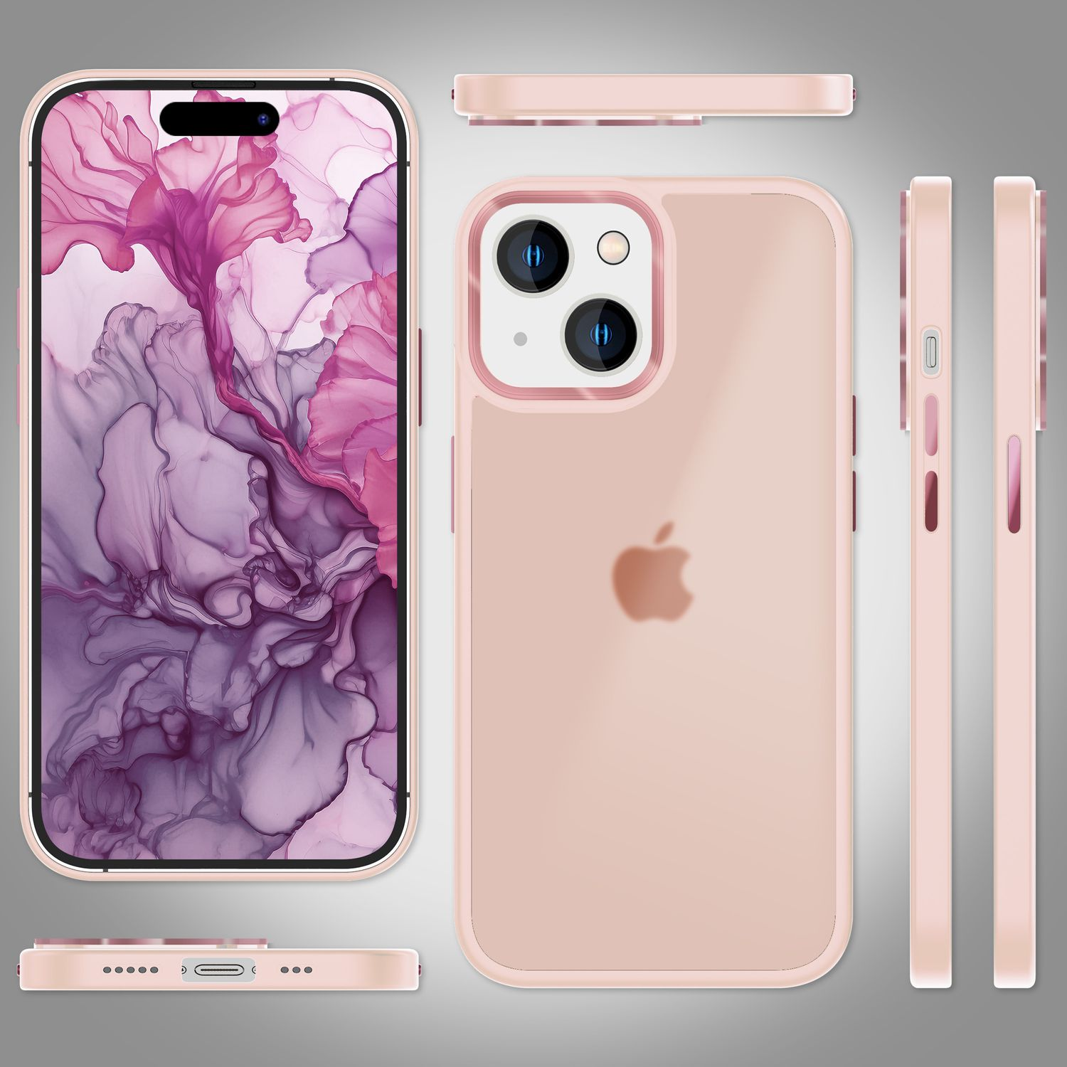Un étui de téléphone rose avec un téléphone à l'intérieur, montré sous plusieurs angles. Le logo Apple est visible.
