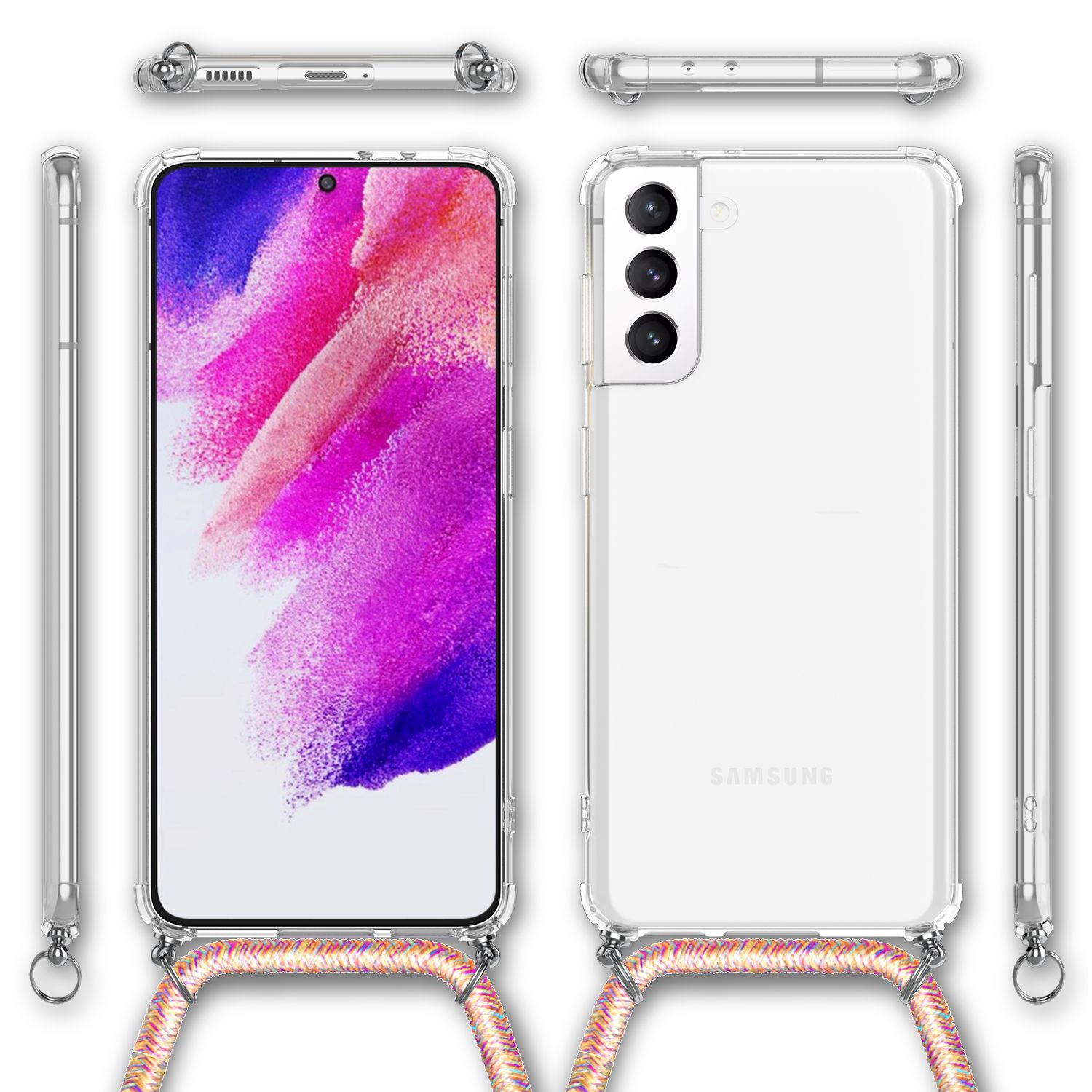 Transparente Handyhülle mit einem Samsung-Telefon und einem Schlüsselband. Mehrere Ansichten zeigen die Hülle und das Telefon.