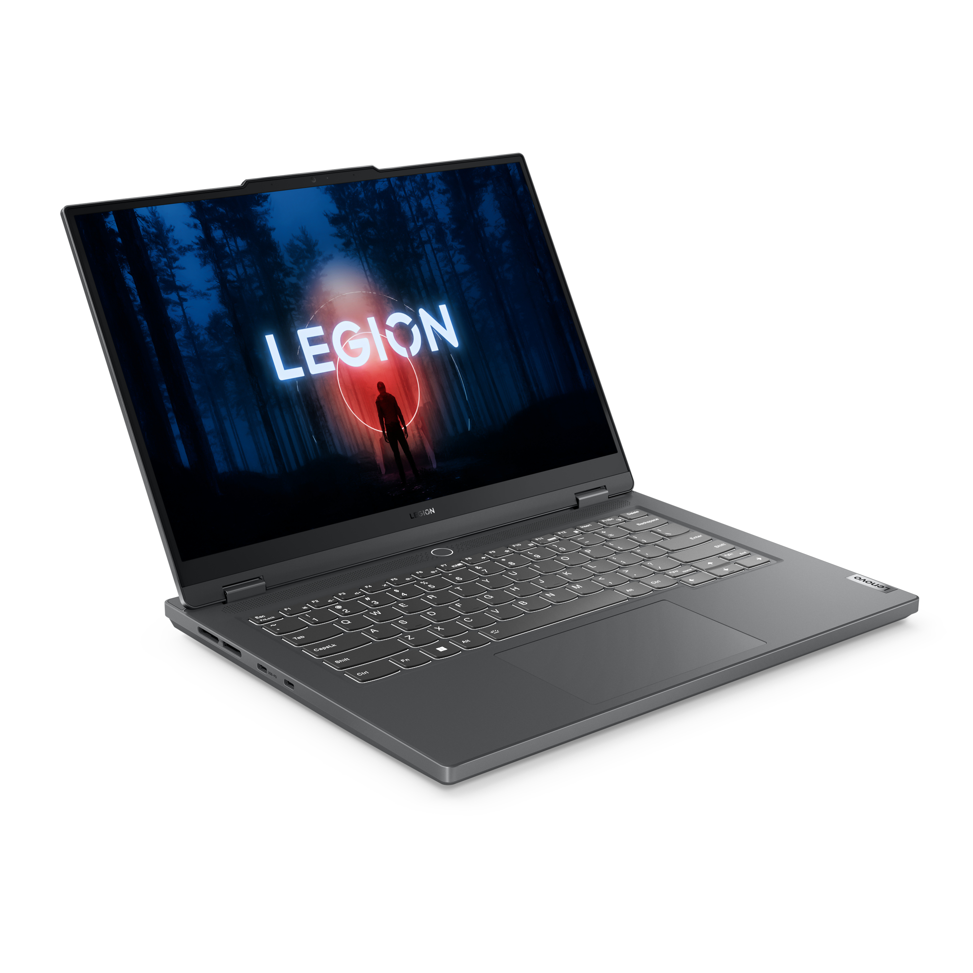 Laptop Lenovo Legion otwarty, pokazujący ekran z logo, na białym tle.