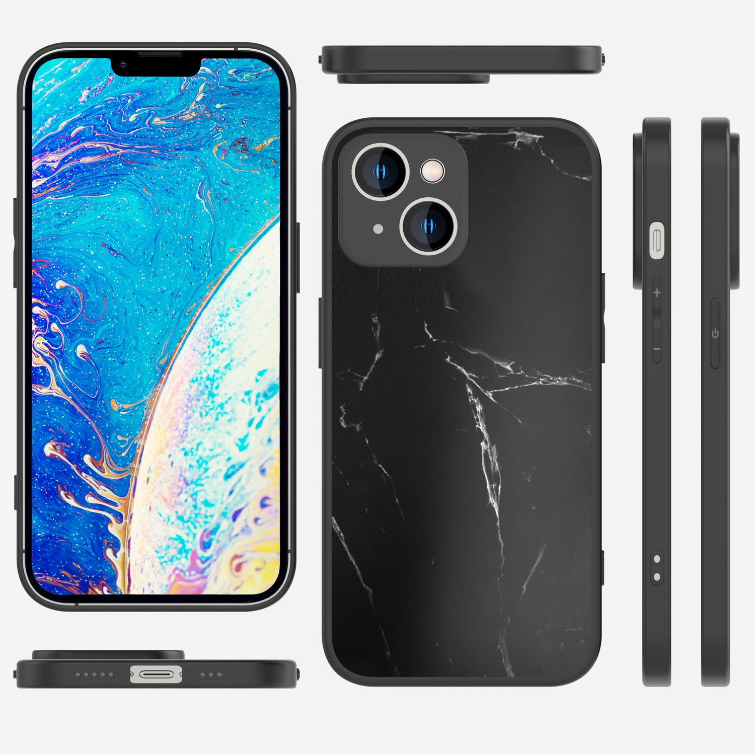 Schwarze Telefonhülle mit Marmordesign, verschiedene Winkel und ein sichtbarer Telefonbildschirm.