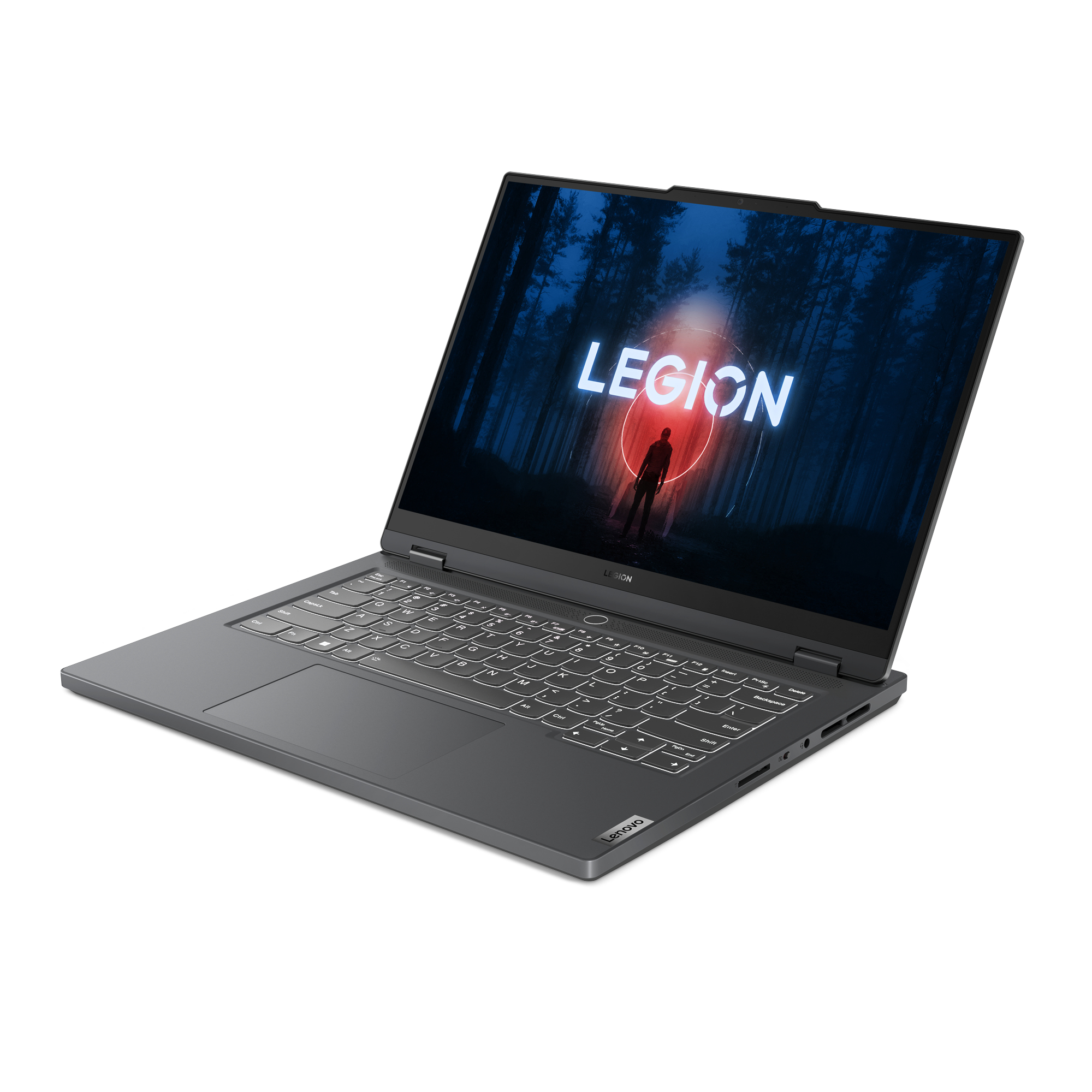 Szary laptop Lenovo z podświetlaną klawiaturą i ekranem z logo i tłem lasu.