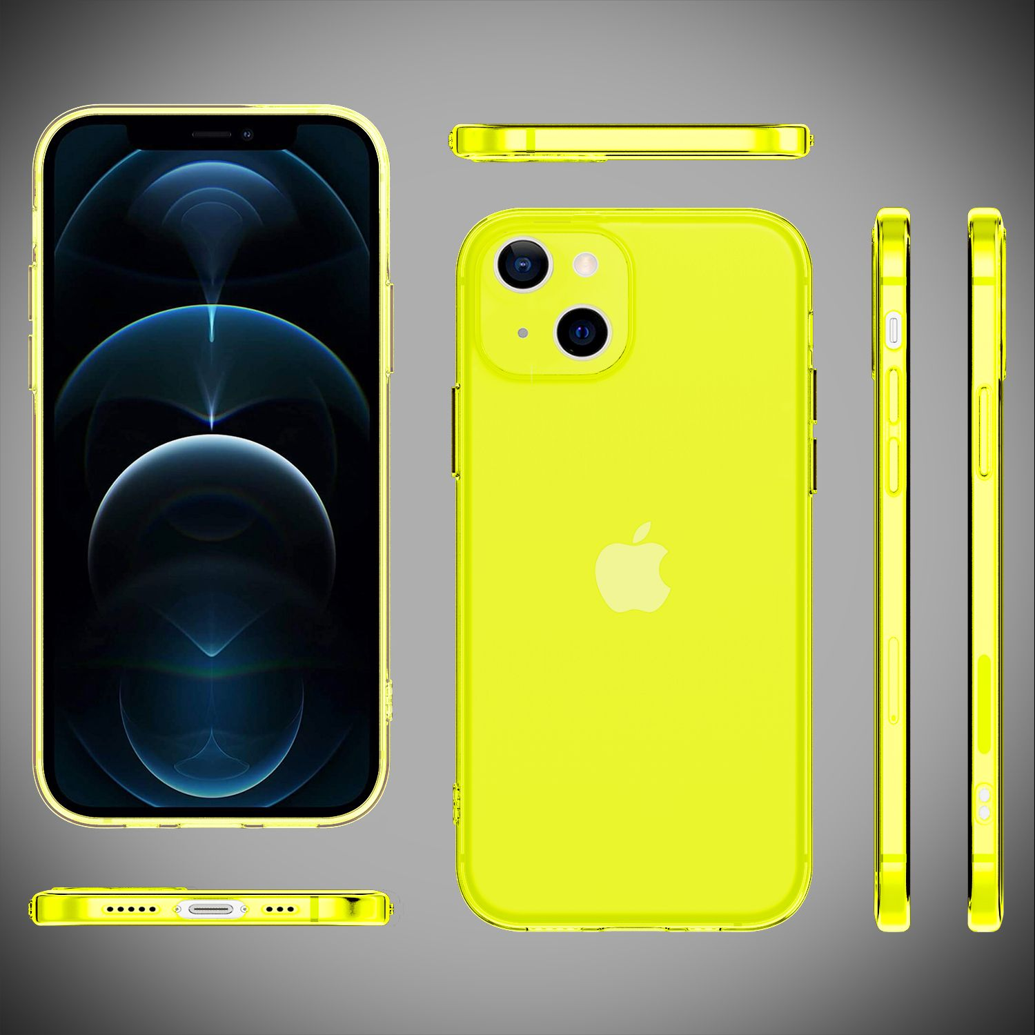 Custodia per telefono gialla con iPhone, viste multiple, che mostra il design e le funzioni del telefono.