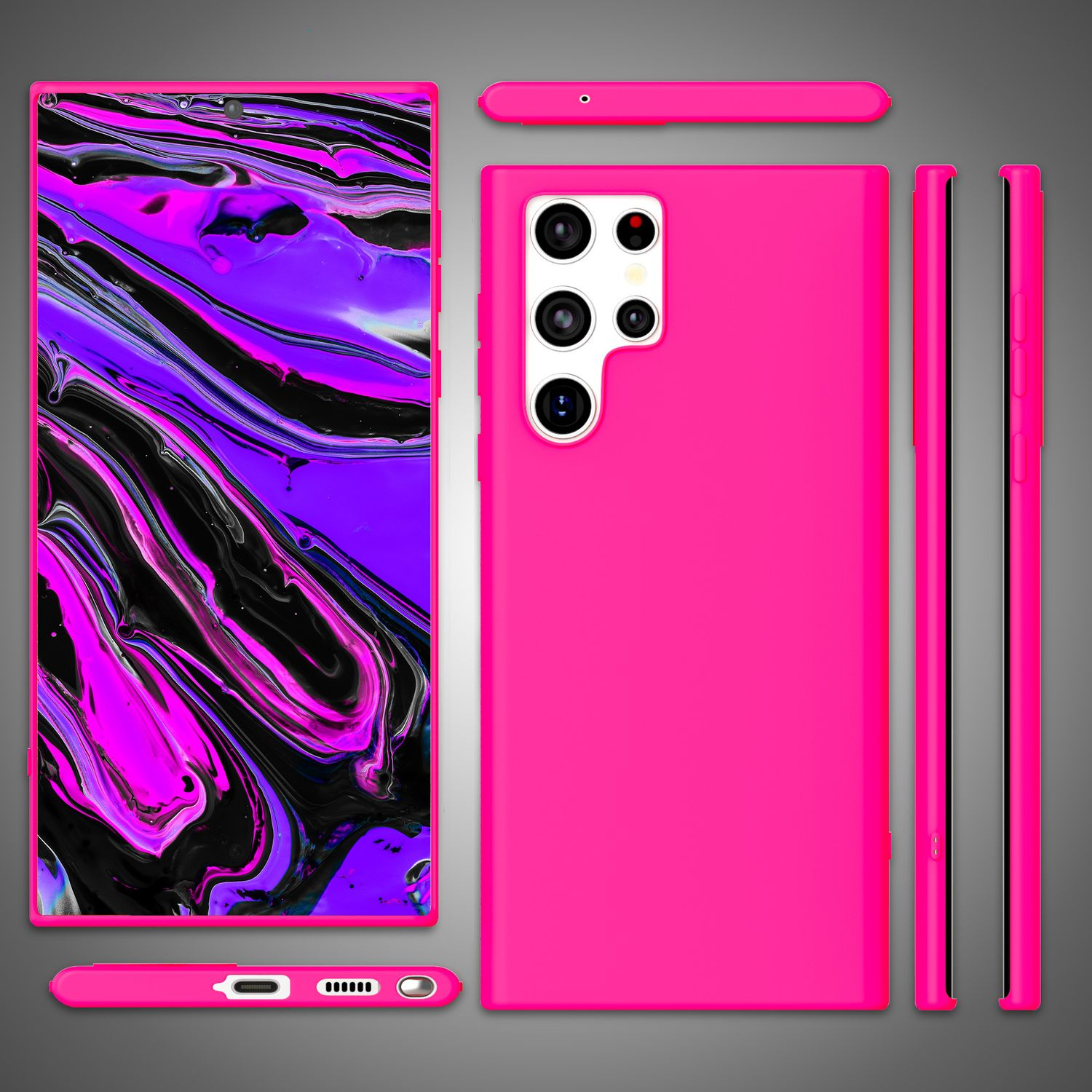 Coque de téléphone rose avec un design d'art liquide vibrant, plusieurs vues de la coque.