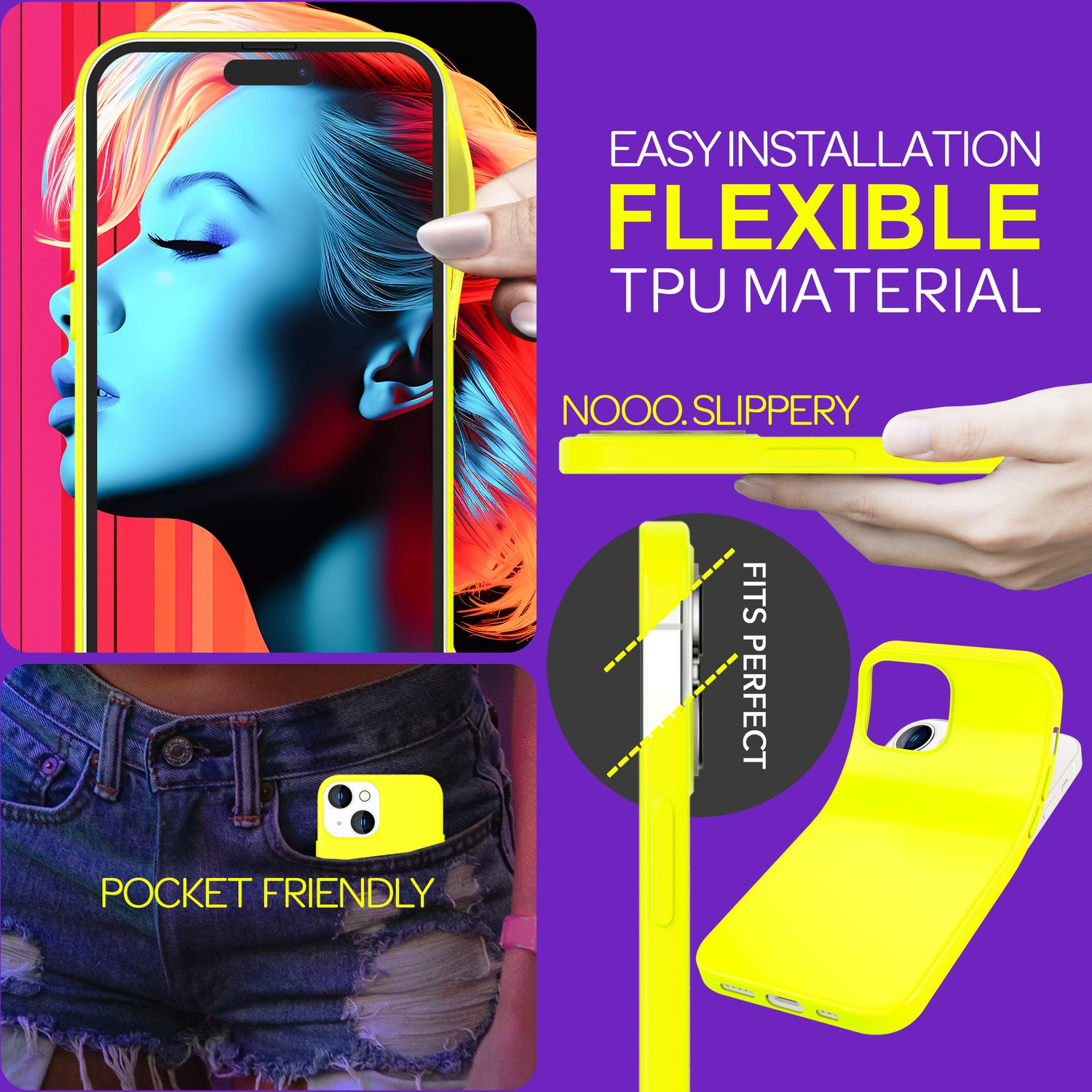 Gelbe Handyhülle mit mehreren Ansichten und Text: Einfache Installation, flexibles TPU-Material.