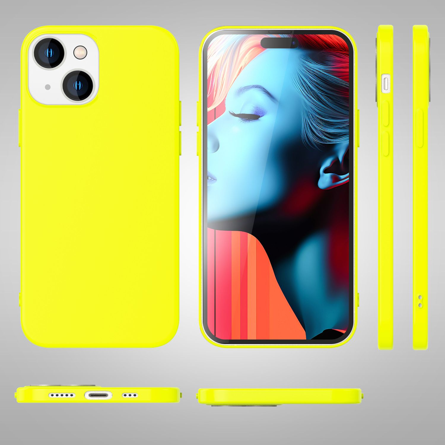 Gelbe Handyhülle mit Telefonbild. Seitenansichten zeigen Tasten. Telefon hat drei Kameras.