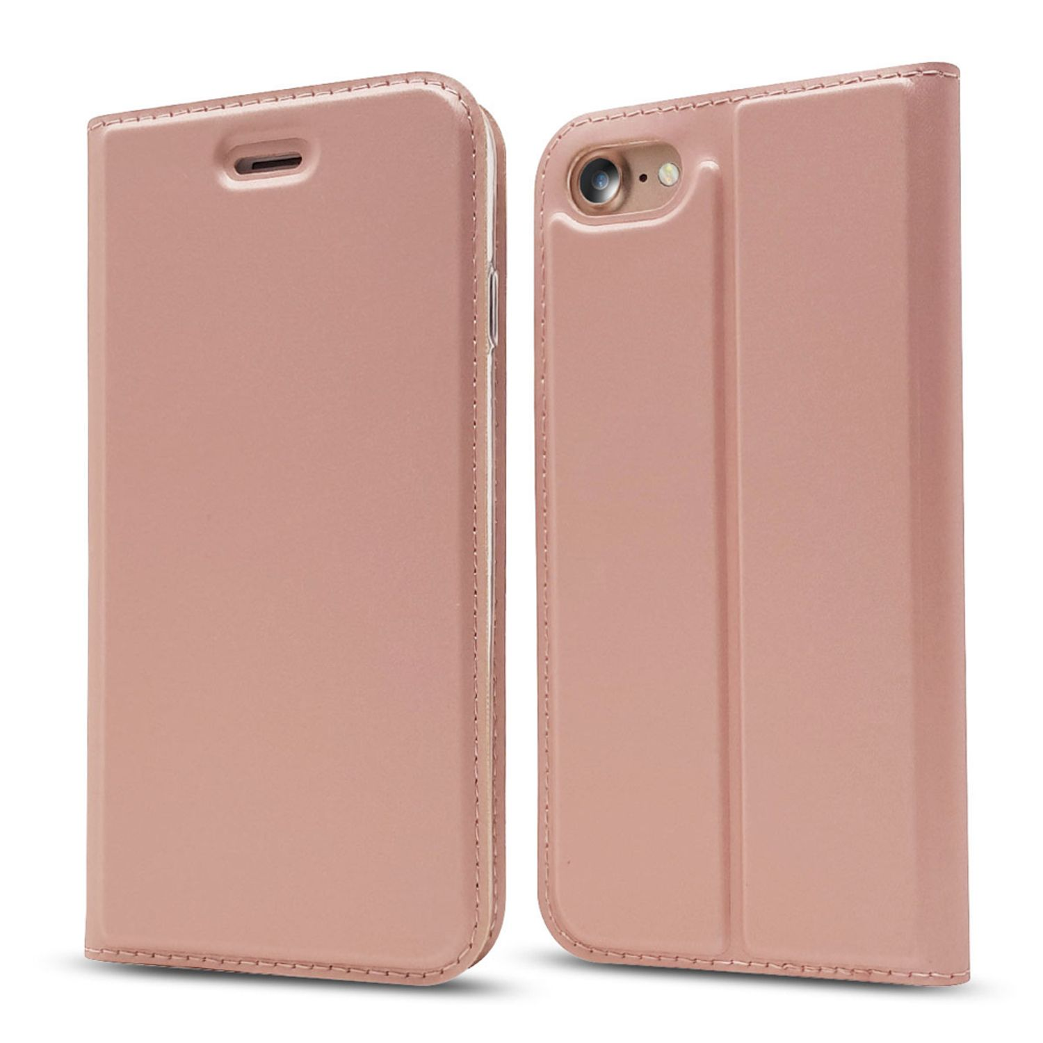 Coque de téléphone rose, ouverte et fermée. Montre une finition brillante avec des coutures. Pour un mobile.