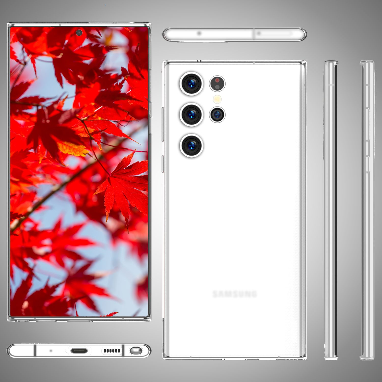Weißes Telefon mit klarer Hülle. Telefon aus verschiedenen Blickwinkeln. Rote Blätter im Hintergrund.
