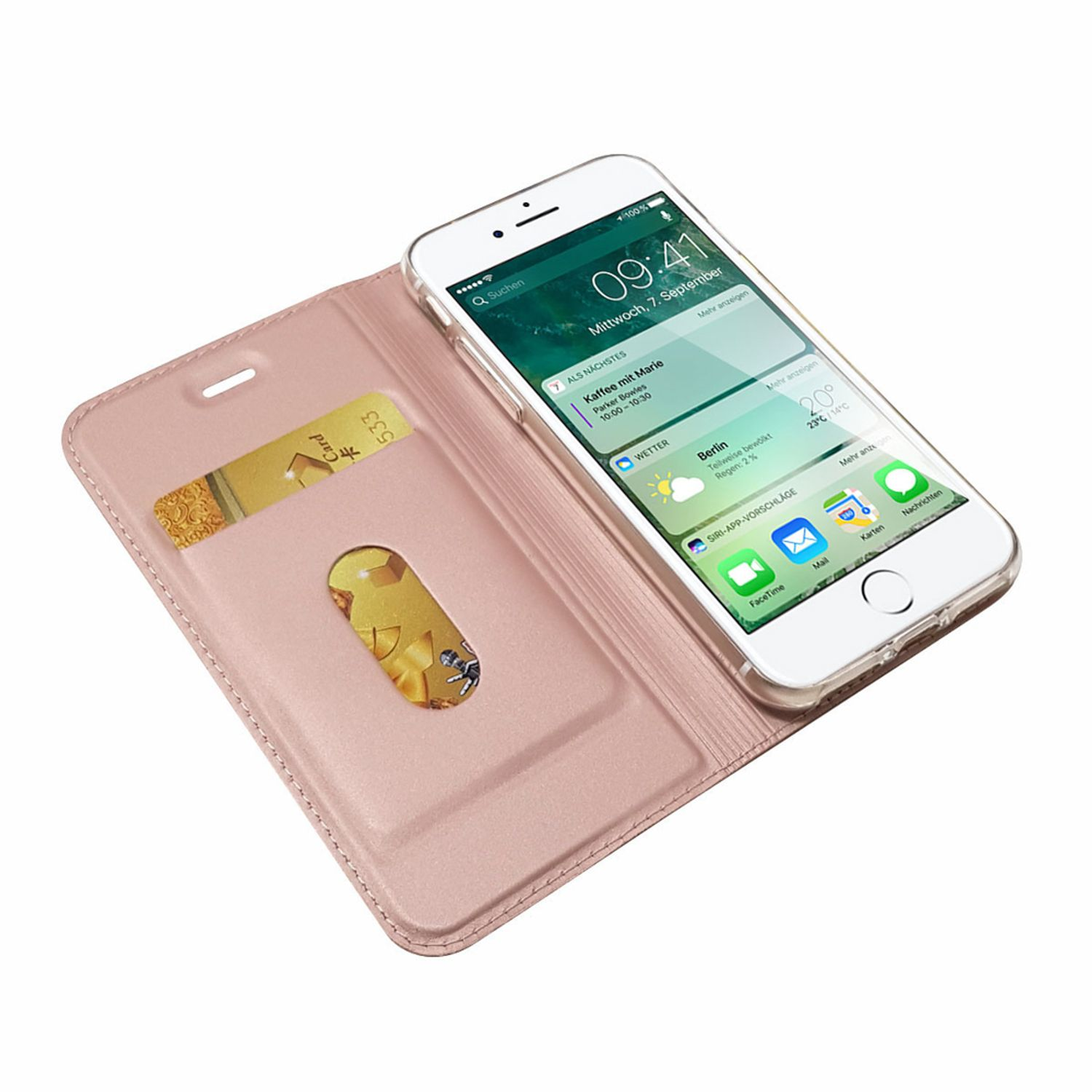 Coque rose avec téléphone et carte. L'écran affiche la date et l'heure.